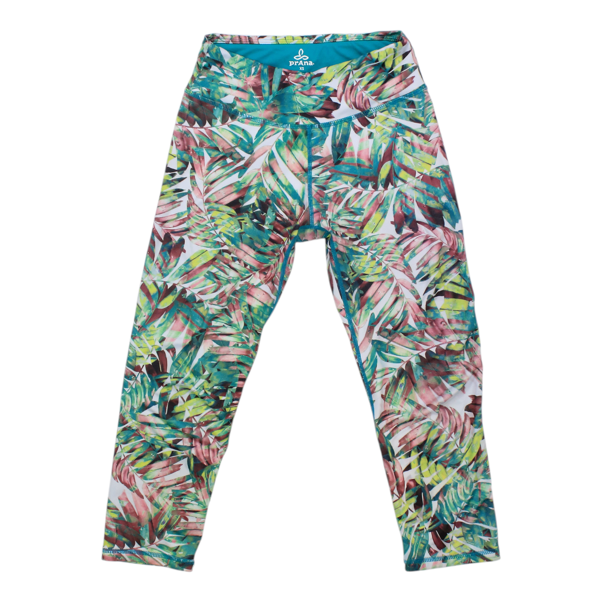 Women's leggings, multicolor tropical leaf print, 3/4 length, elastic waistband.