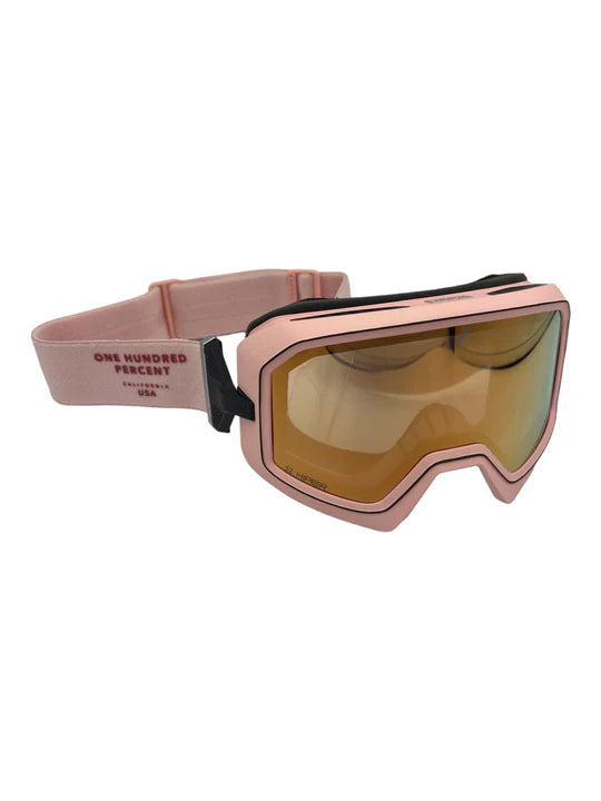 The 100% Valnor Hiper Goggles feature a pink design, reflective lens, and adjustable strap reading "ONE HUNDRED PERCENT USA." Their modern, angular look is ideal for skiing or snowboarding adventures.