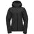 The Womens Liquid Point Shell is a black, lightweight hooded outdoor jacket with a front zipper, long sleeves, and a subtle chest logo, shown against a plain white background.