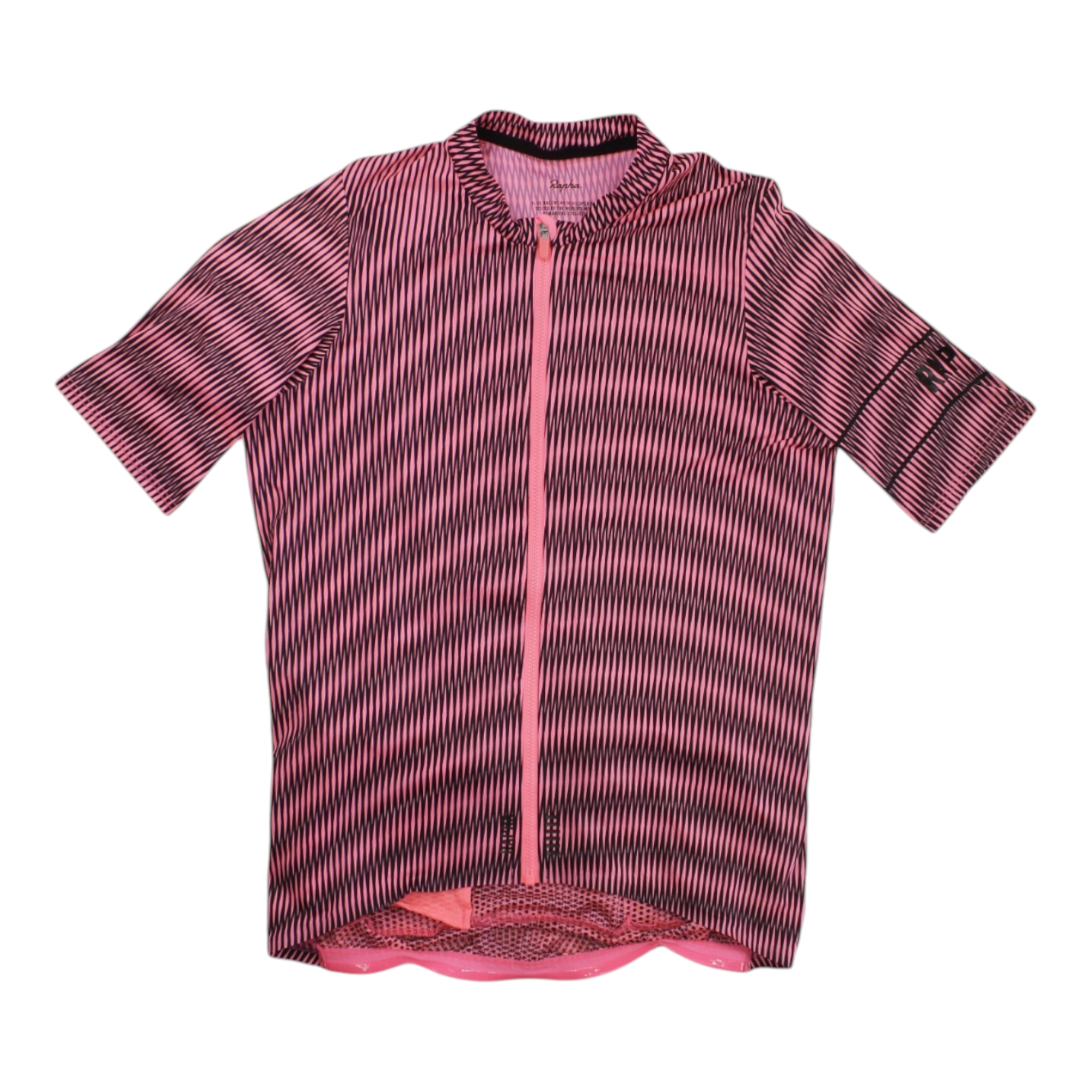 Men's red-and-black striped cycling jersey, full-zip front, short sleeves.