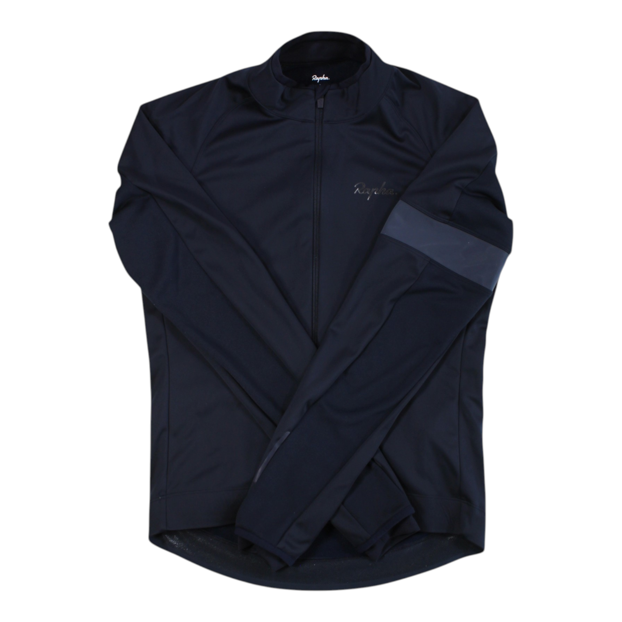 Men's full-zip winter cycling jacket, navy blue, long sleeves, contrast arm panel