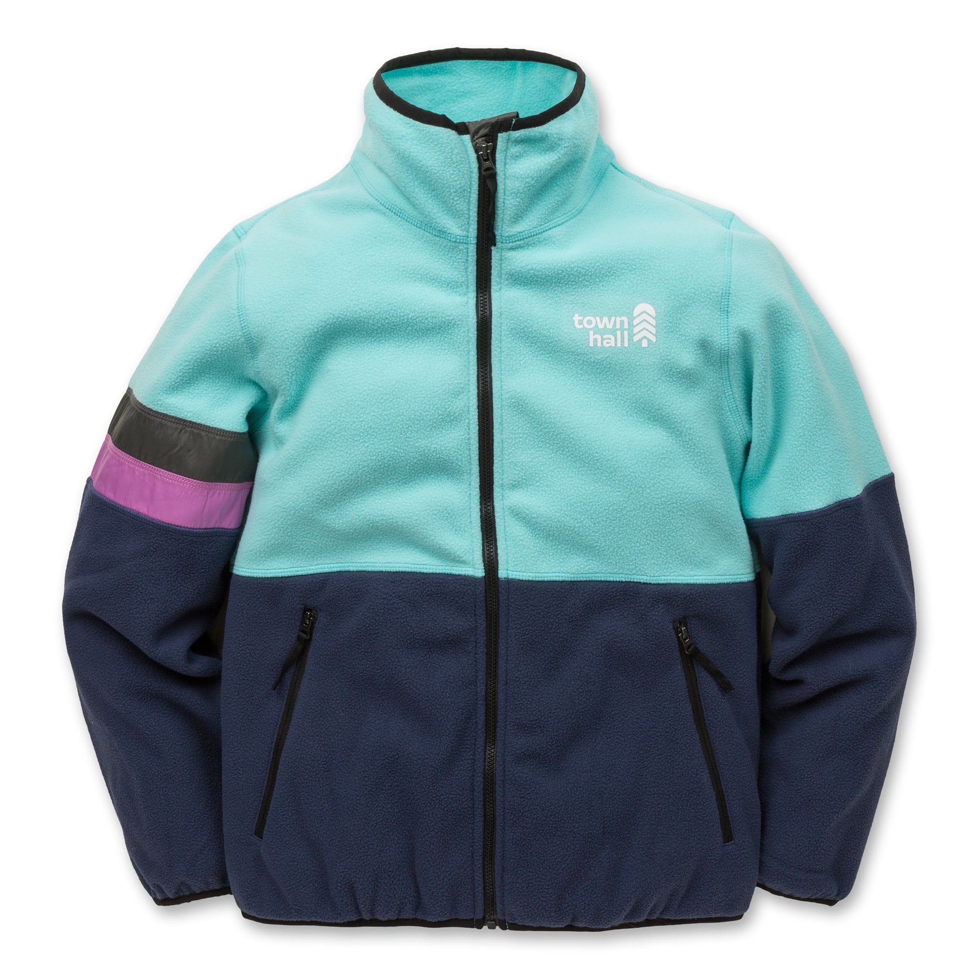 The Midtown Fleece Jacket for kids features colorblocking with a teal upper, navy lower, striped sleeve accents, zip-up front, embroidered town hall logo, and is made from recycled polyester.