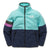 The Midtown Fleece Jacket for kids features colorblocking with a teal upper, navy lower, striped sleeve accents, zip-up front, embroidered town hall logo, and is made from recycled polyester.