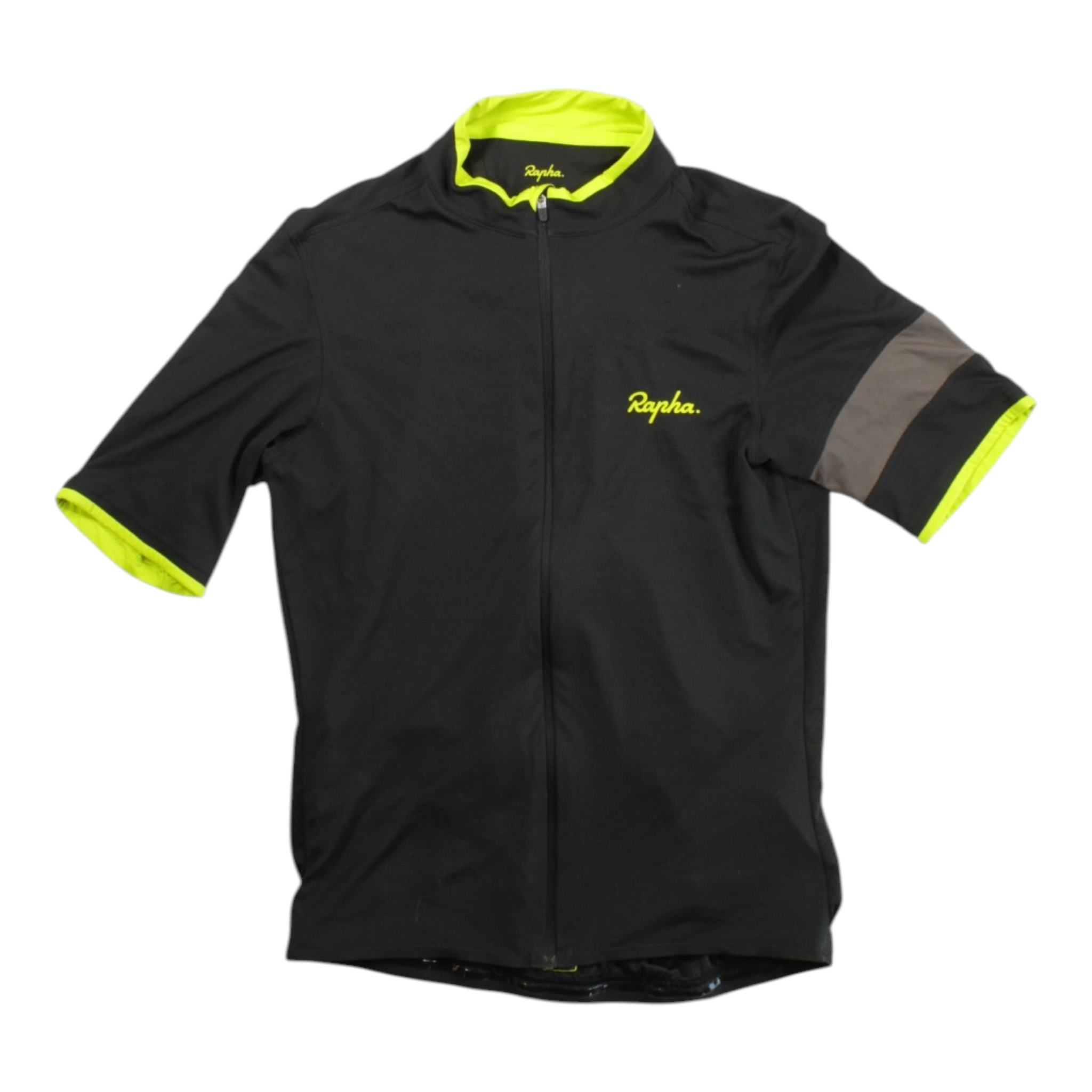 Men's Rapha super lightweight cycling jersey, black with neon yellow collar and sleeve trim