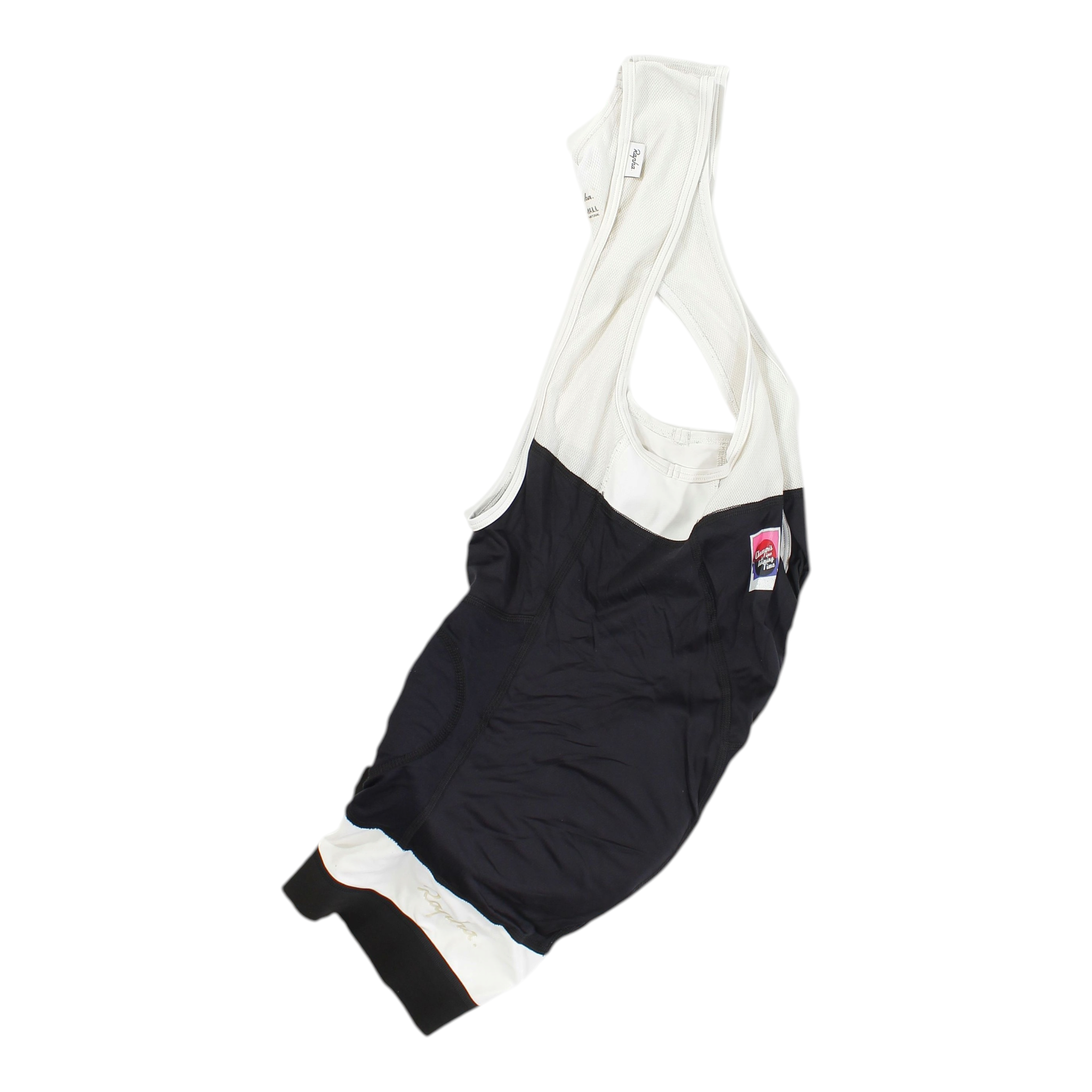Cycling bib shorts, white and black color block with pink RAPHA logo on leg