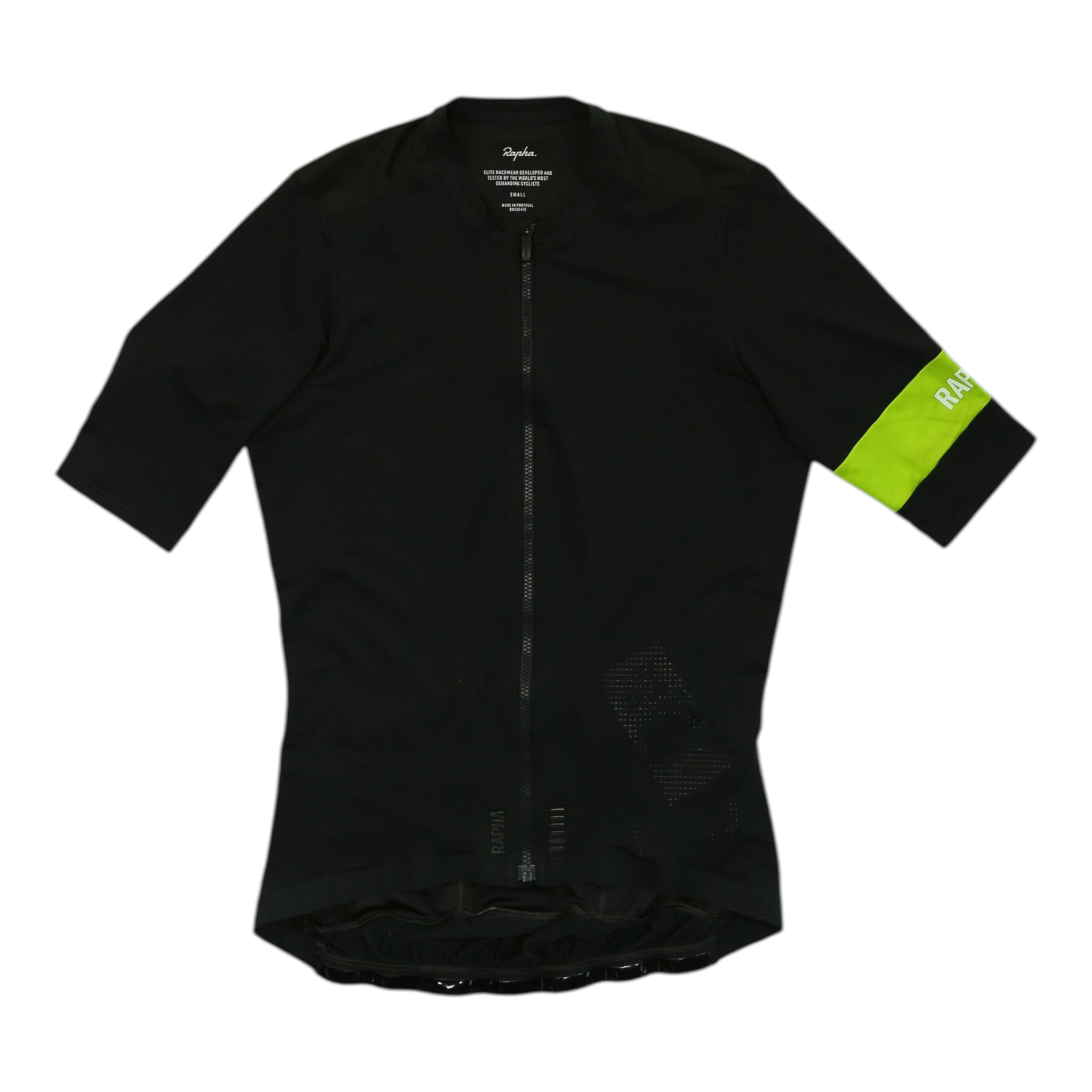 Men's black cycling jersey, full-zip front, short sleeves with neon green cuff patch.