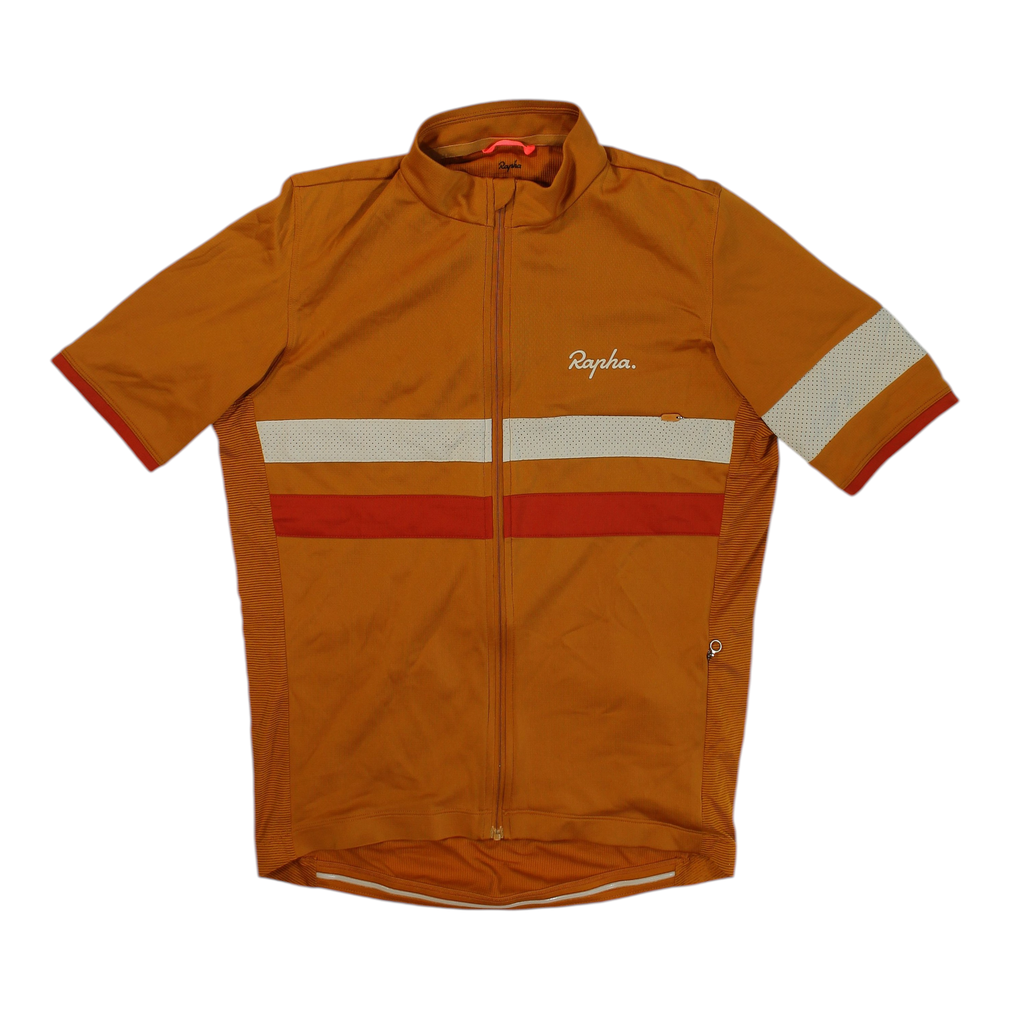 Brown/orange short-sleeve cycling jersey, full-zip front, beige and red reflective stripe.
