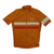 Brown/orange short-sleeve cycling jersey, full-zip front, beige and red reflective stripe.