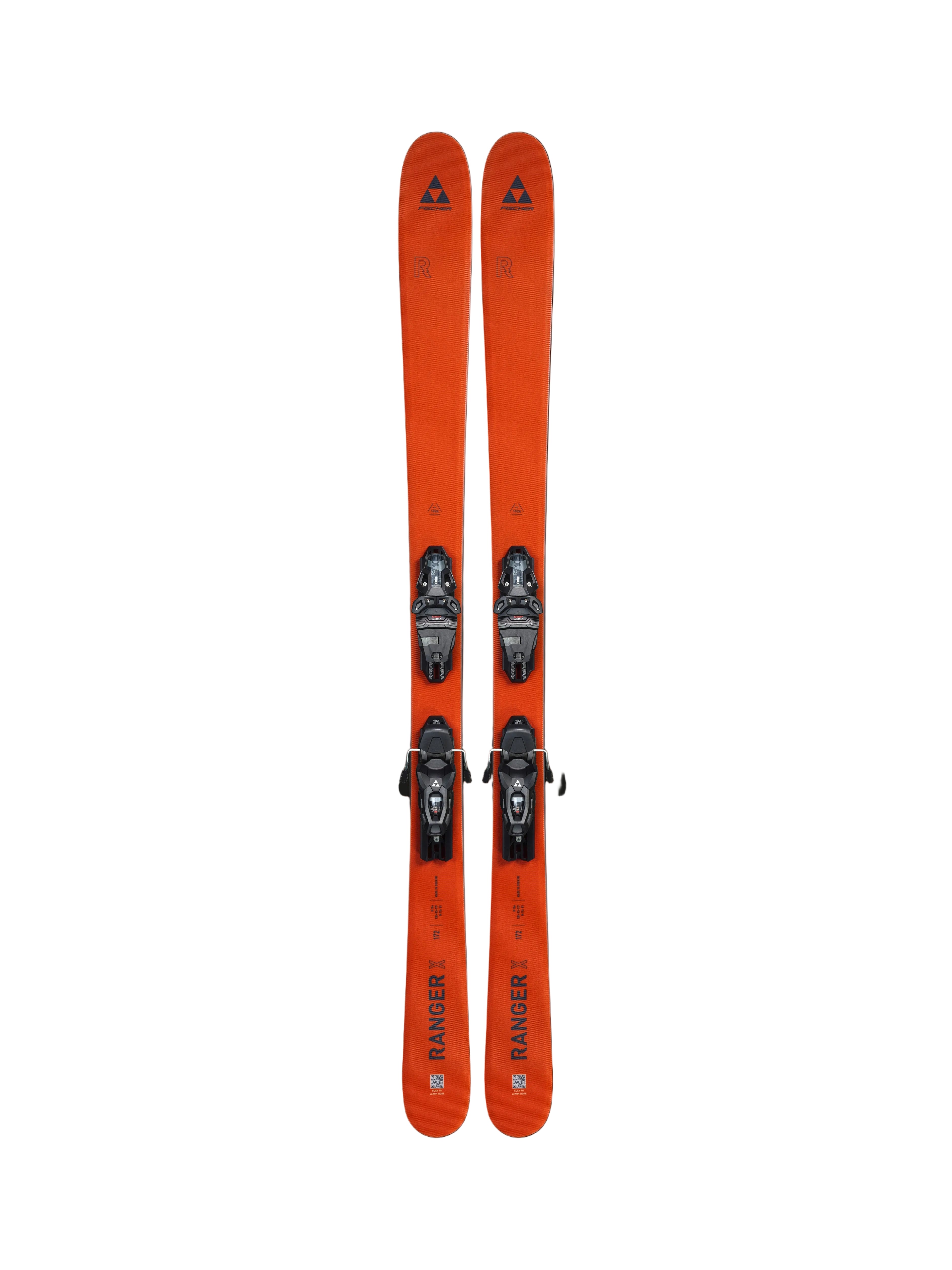 Orange Fischer Ranger X skis with DSW 10 PR bindings, pair view