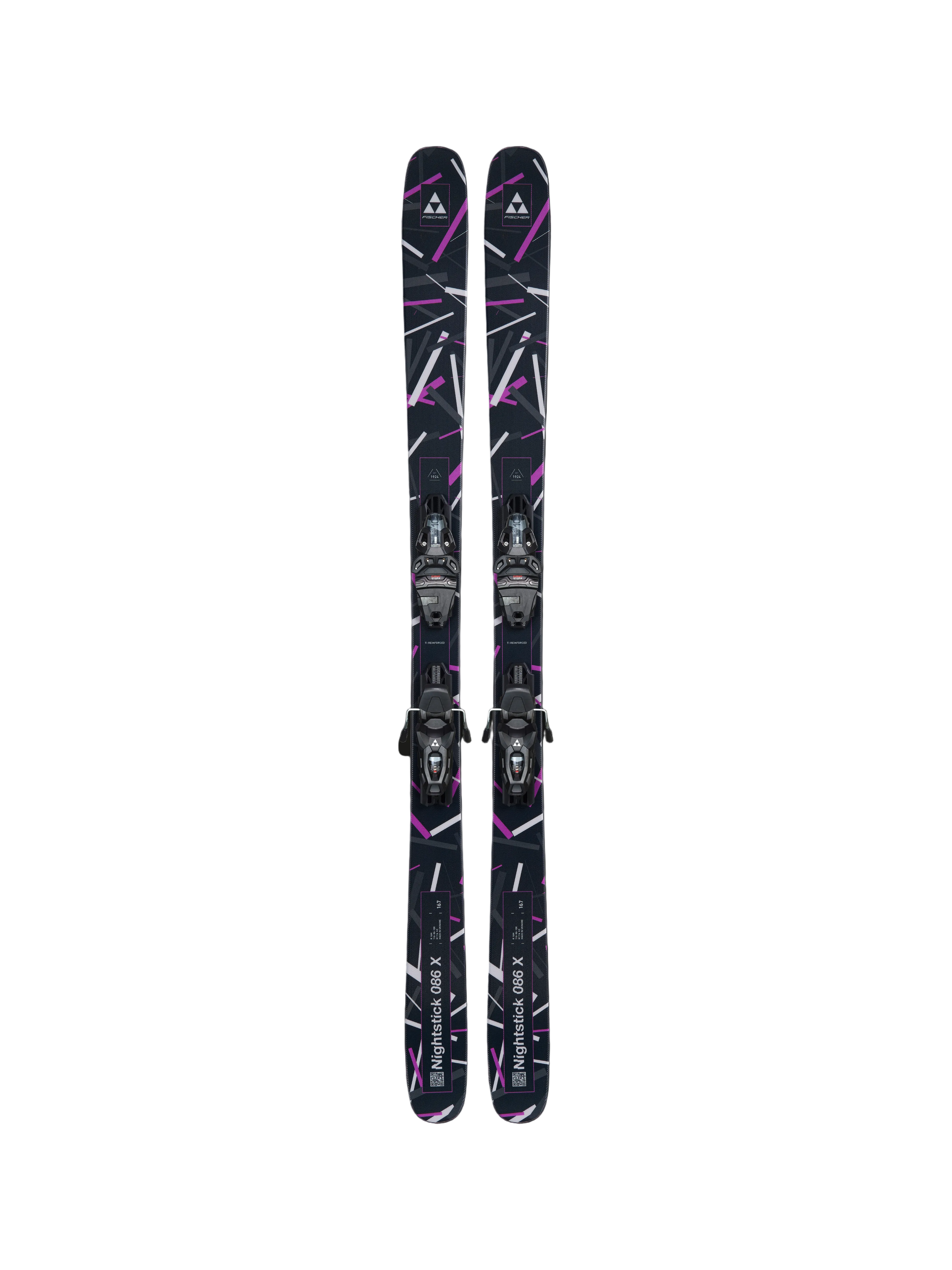 Pair of black skis with purple graphics and mounted bindings