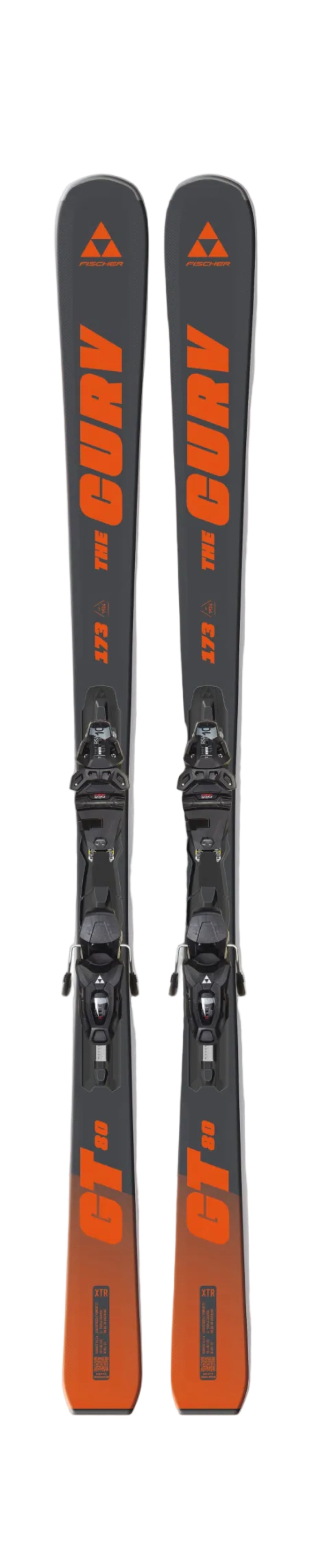 Pair of orange and dark gray skis with bindings, Fischer XTR The Curv GT 80