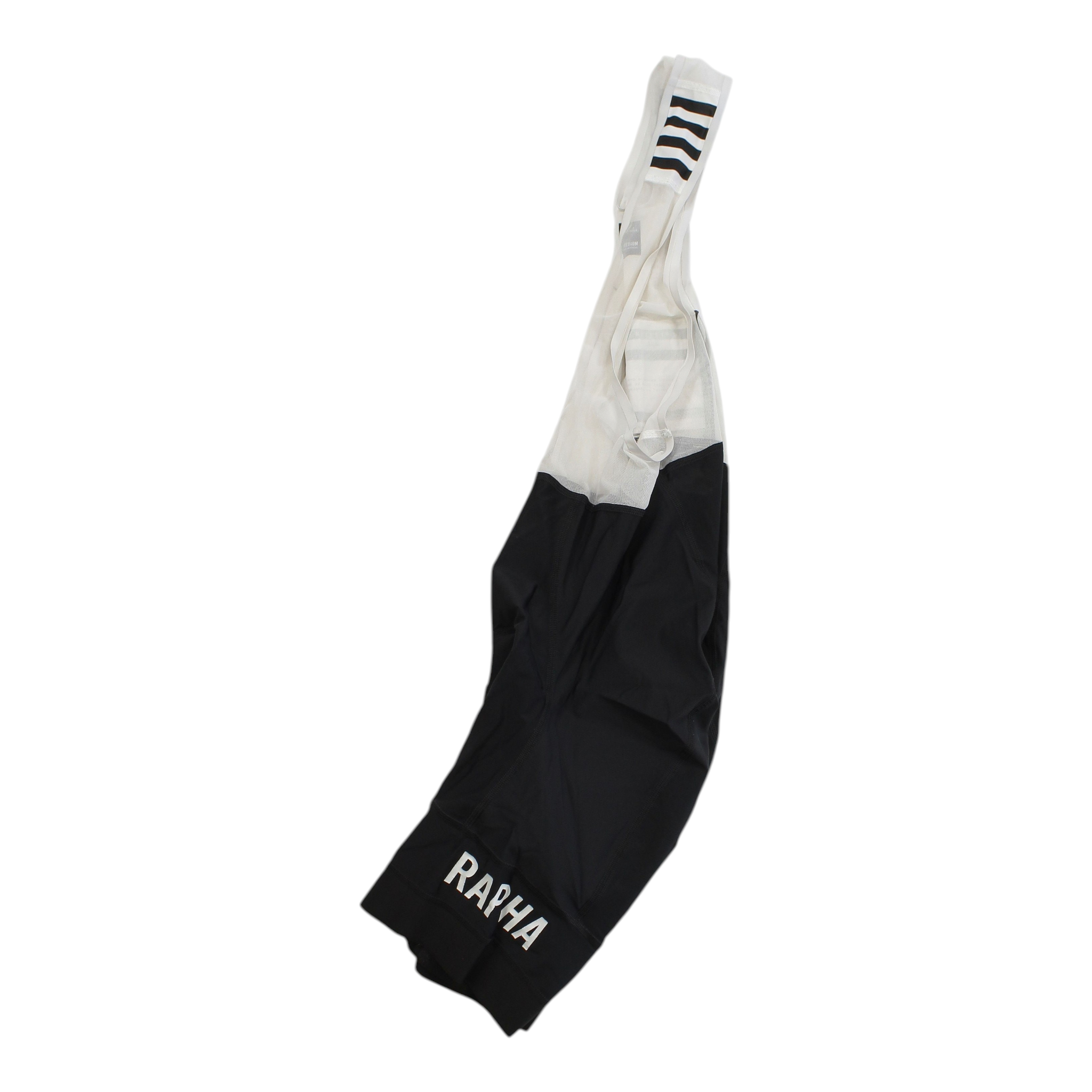 Cycling bib shorts, white bib with dark stripe accents and black shorts with RAPHA logo