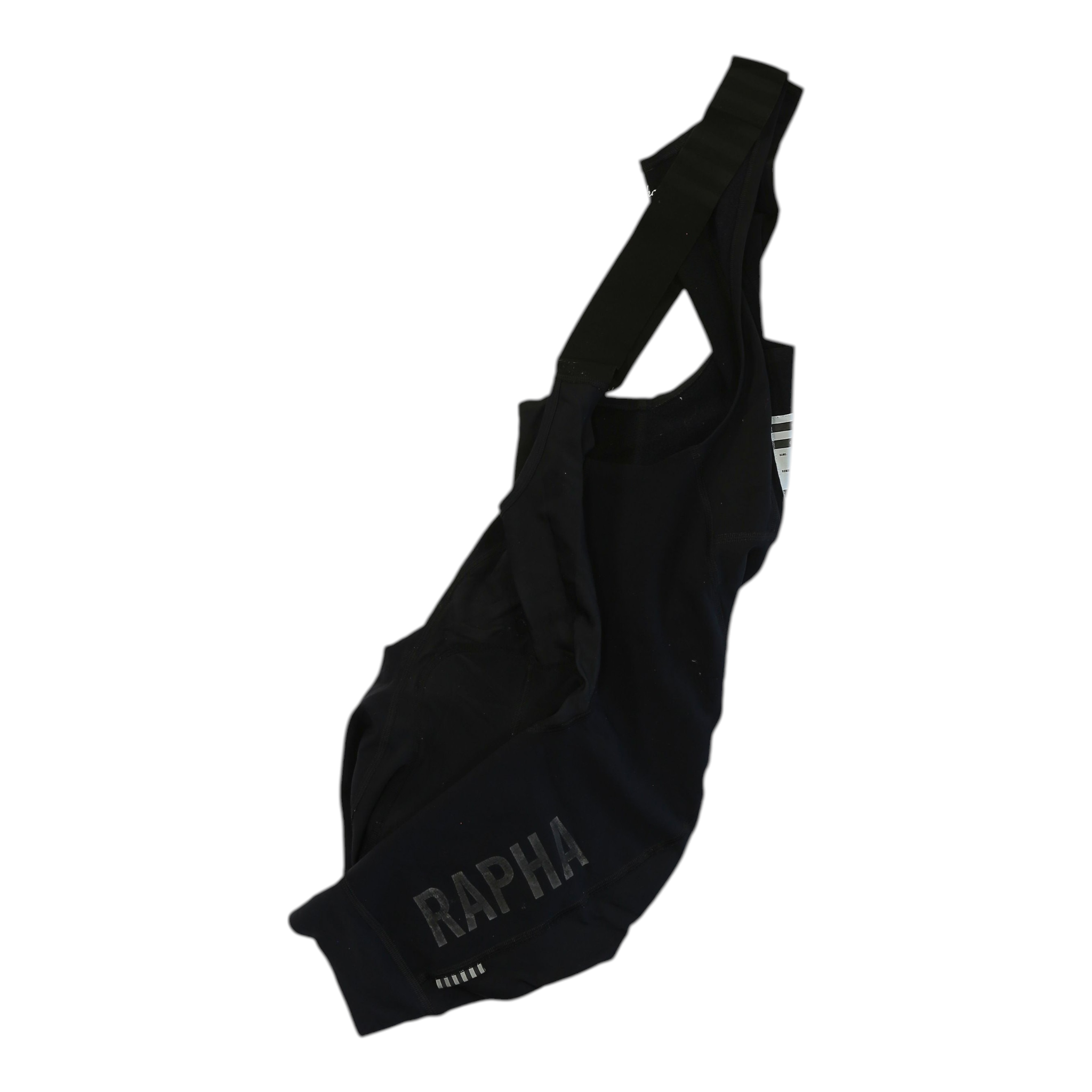 Black thermal bib shorts with RAPHA logo on thigh and contoured leg panels.