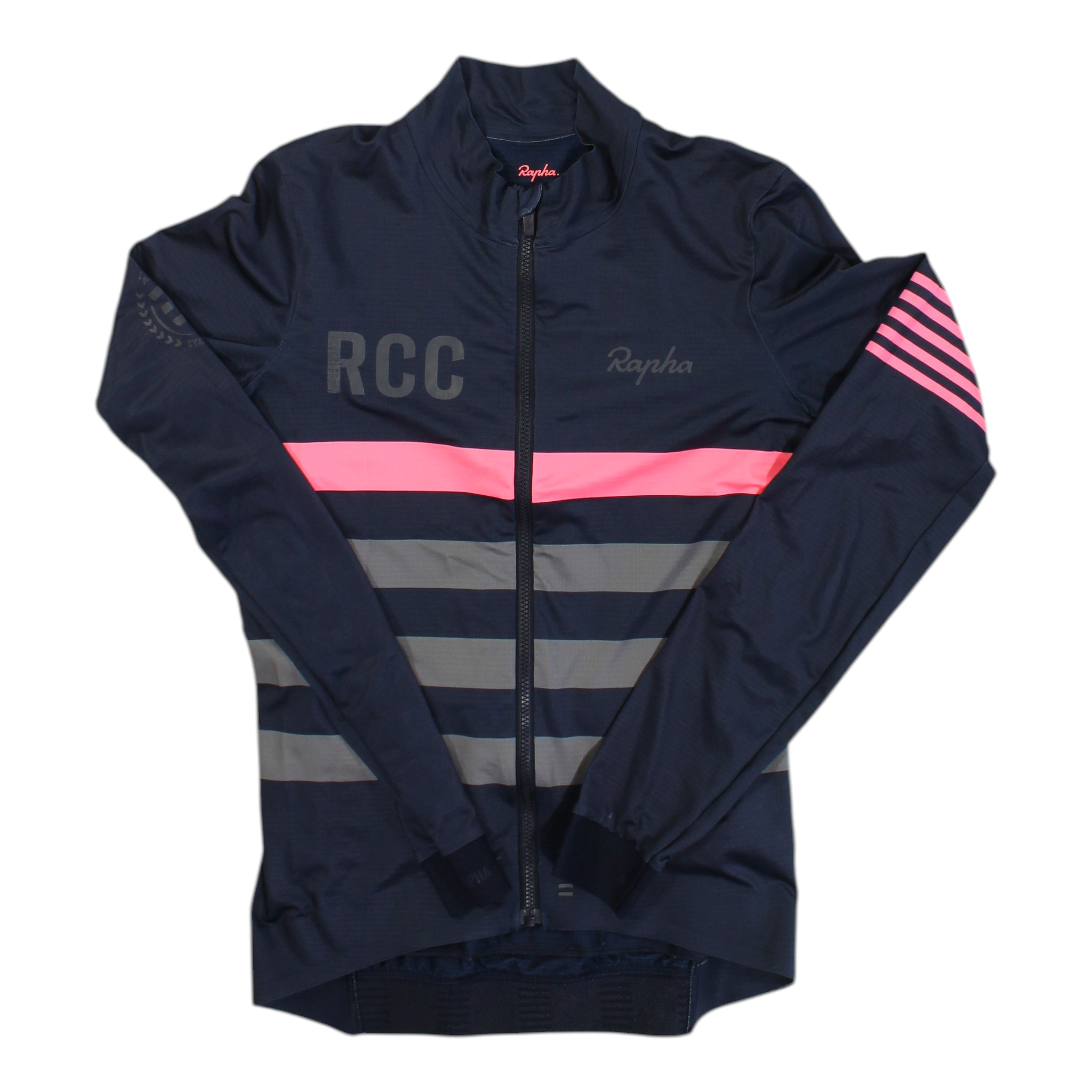 Navy long-sleeve cycling jersey with full zipper; pink stripe band and arm tri-stripes