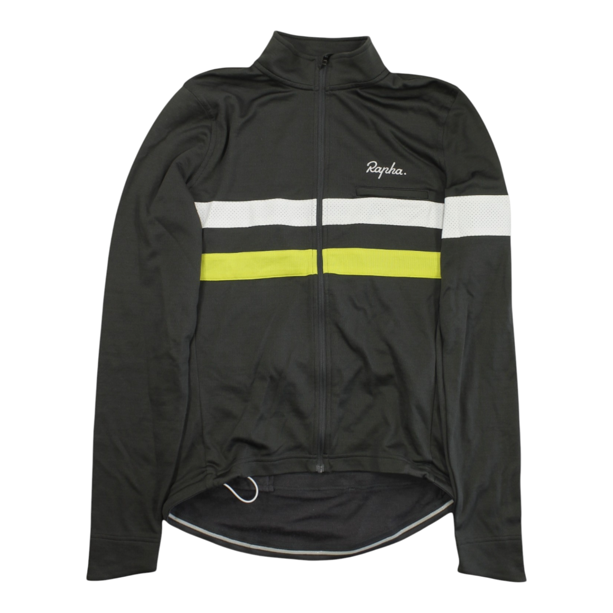 Men's long-sleeve cycling jersey, full-zip, dark gray with white stripe and neon yellow band.