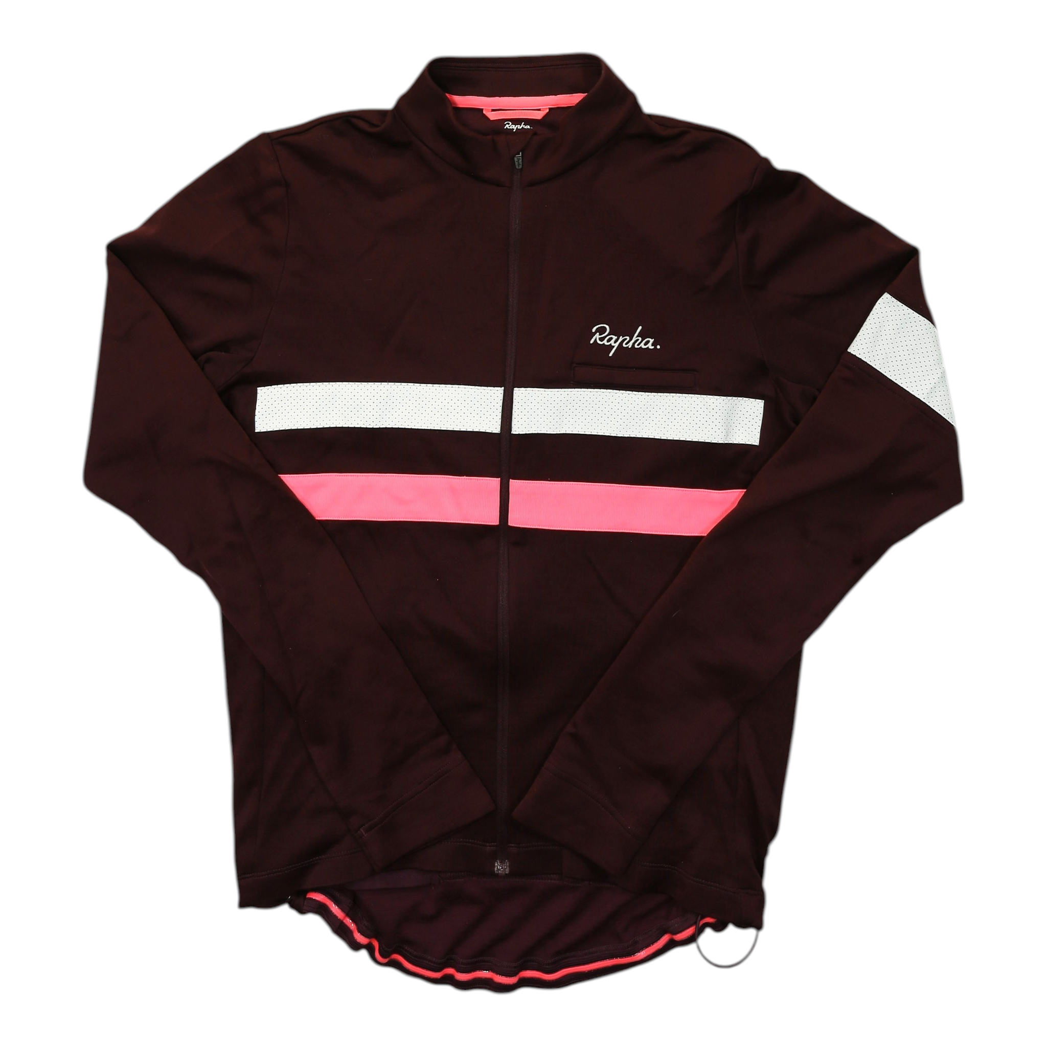 Men's long-sleeve cycling jersey, burgundy with pink and white chest stripe, full zip
