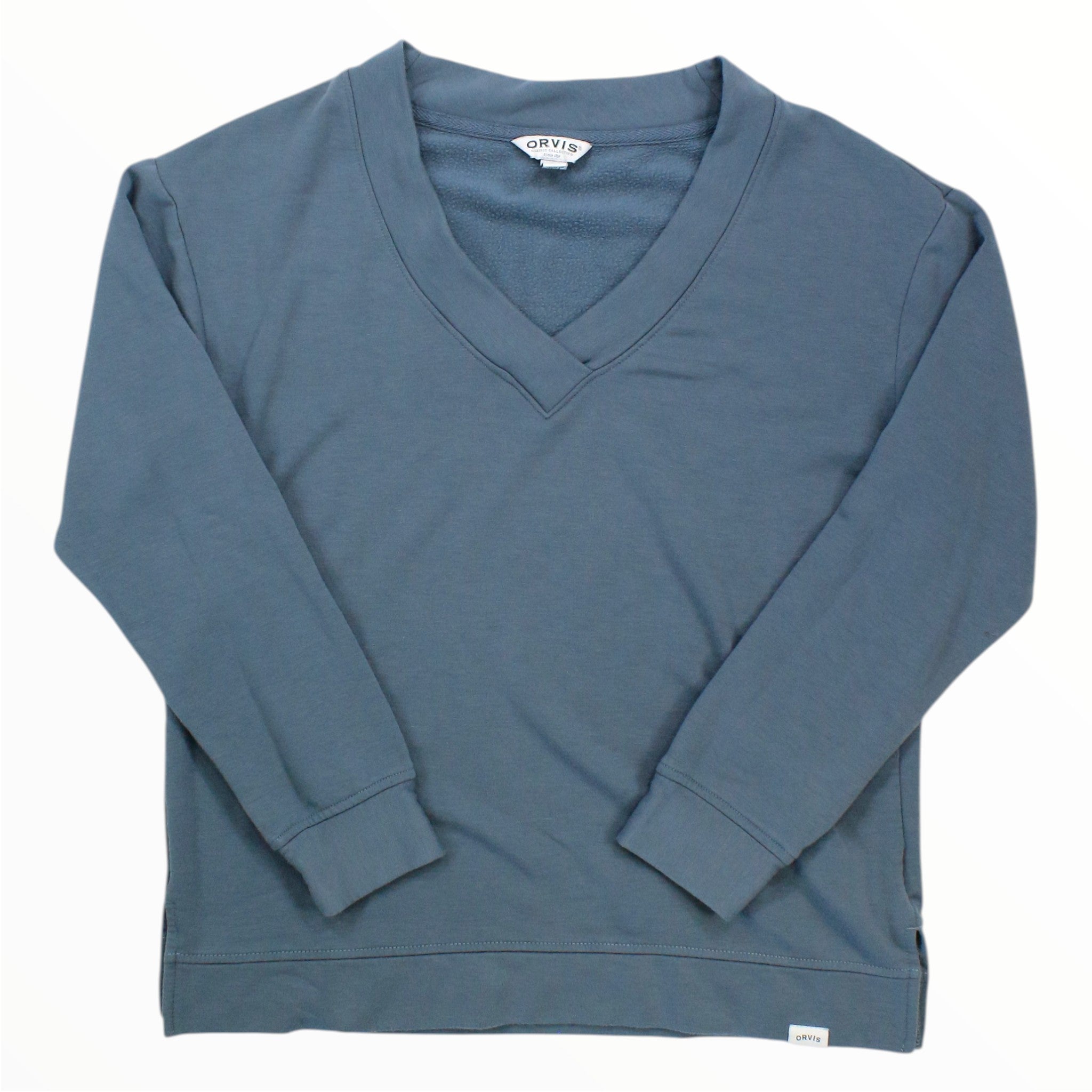 Orvis women's blue-gray V-neck dropped-shoulder sweatshirt with long sleeves