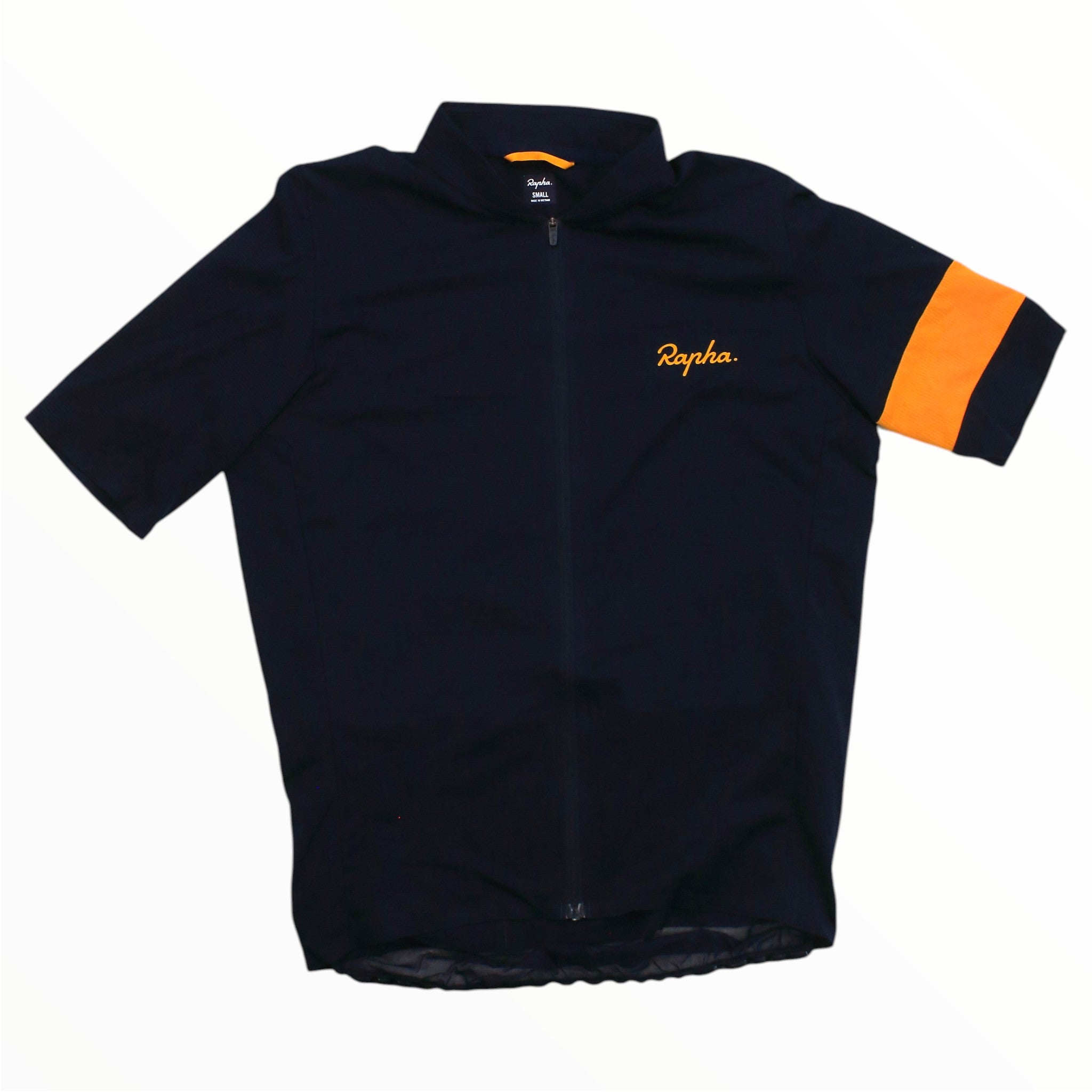 Men's Rapha flyweight cycling jersey in navy with orange accent sleeve and full zipper