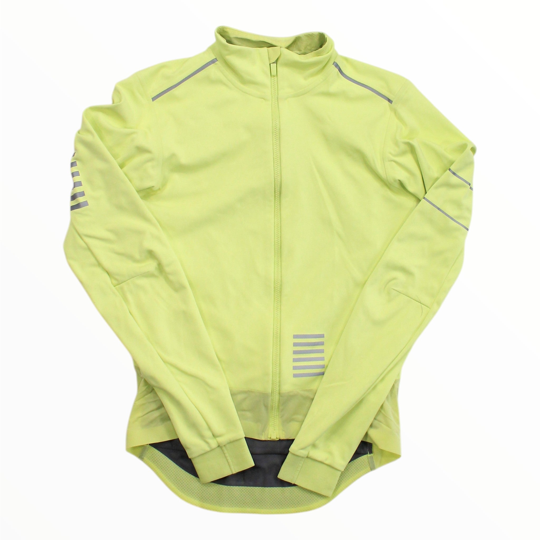 Lime green long-sleeve cycling jersey with full-length zipper and reflective side stripes