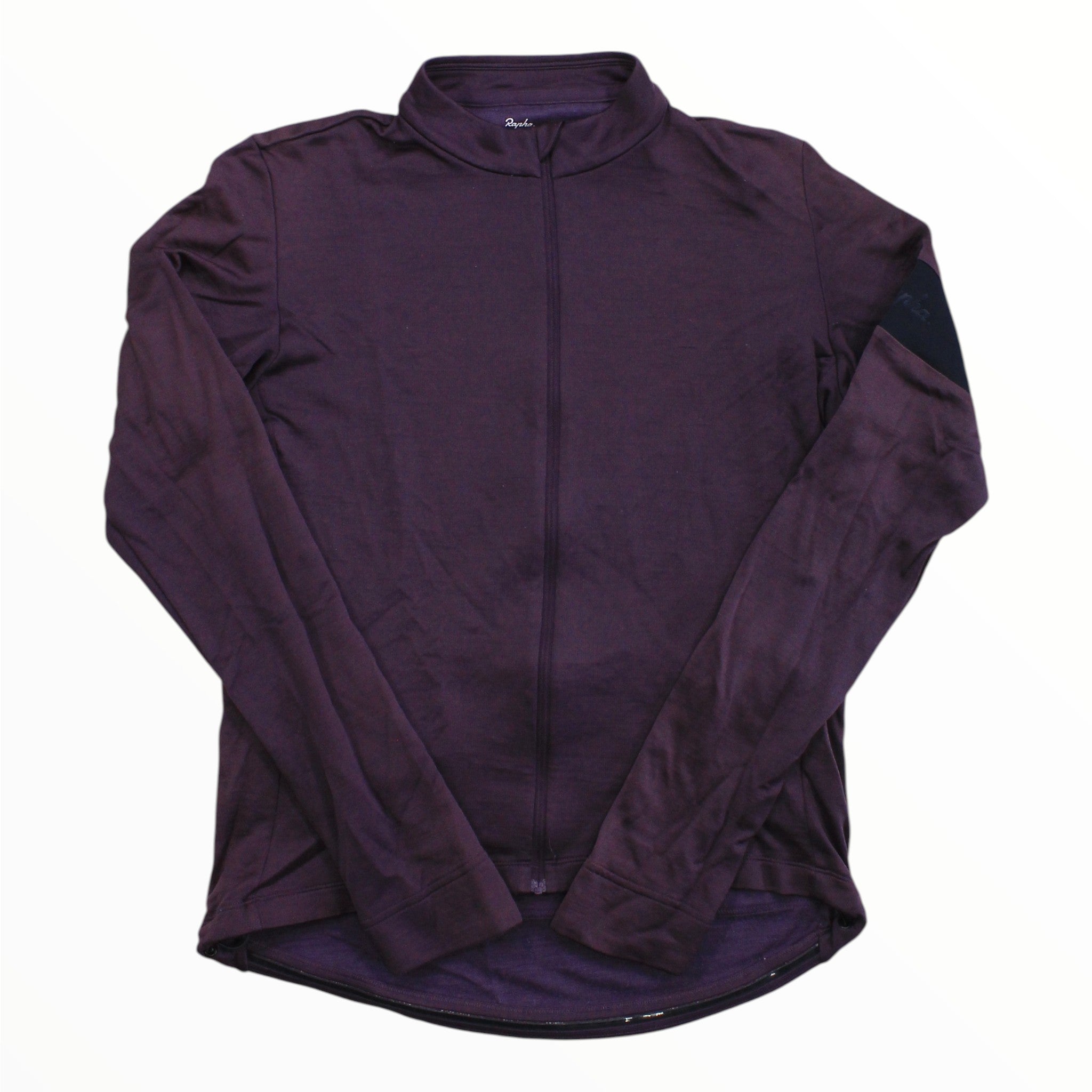 Men's long sleeve cycling jersey in dark purple, full front zip, stand collar.