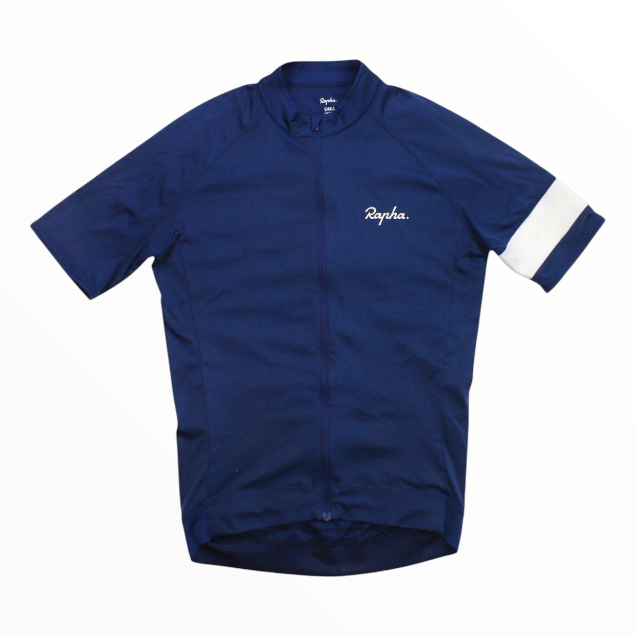 A navy blue Rapha Mens Core Jersey featuring short sleeves, a distinctive white stripe on the left sleeve, and the Rapha logo on the chest is displayed flat against a white background—an essential men’s cycling jersey from Rapha.