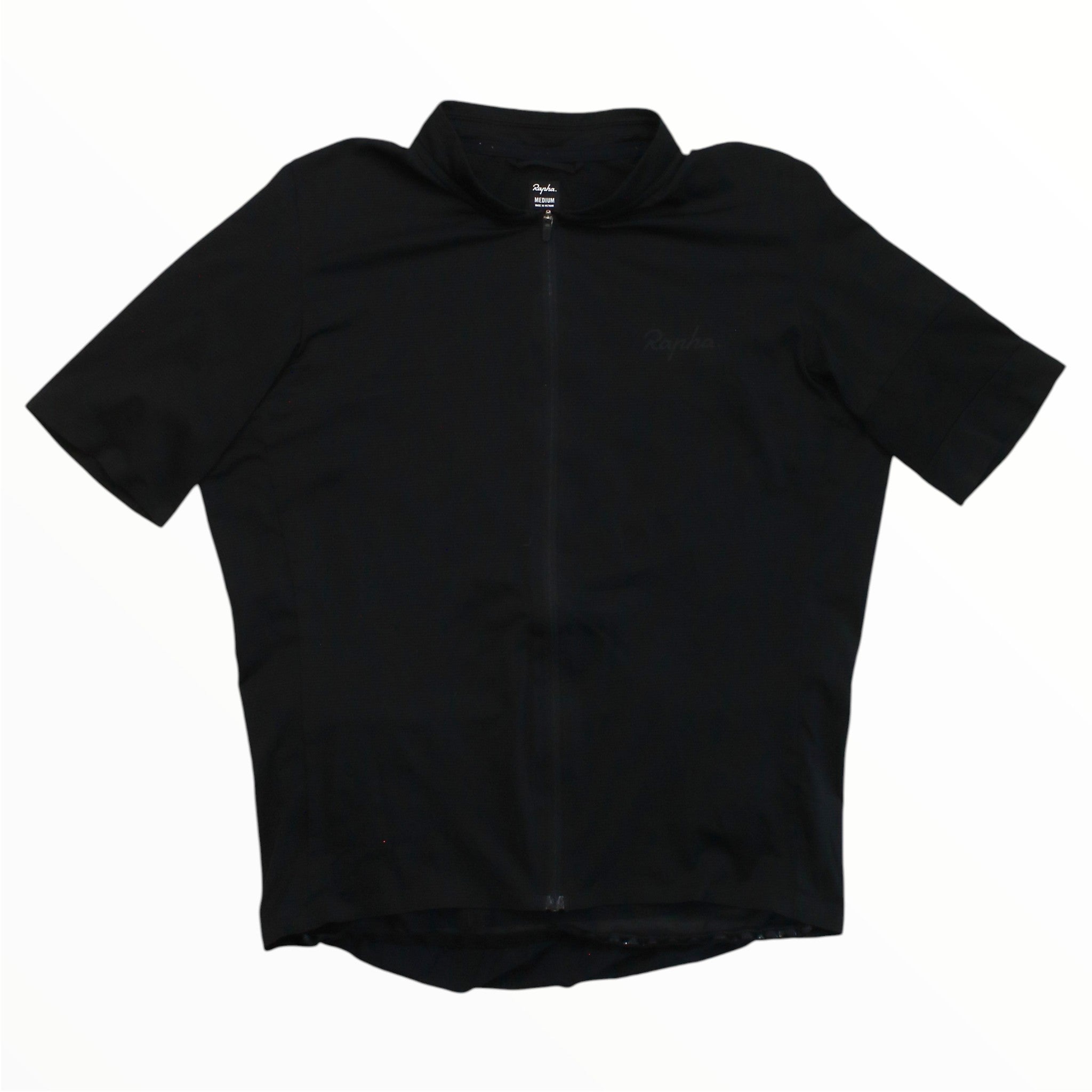 Men's Rapha flyweight cycling jersey in black with short sleeves and full front zipper