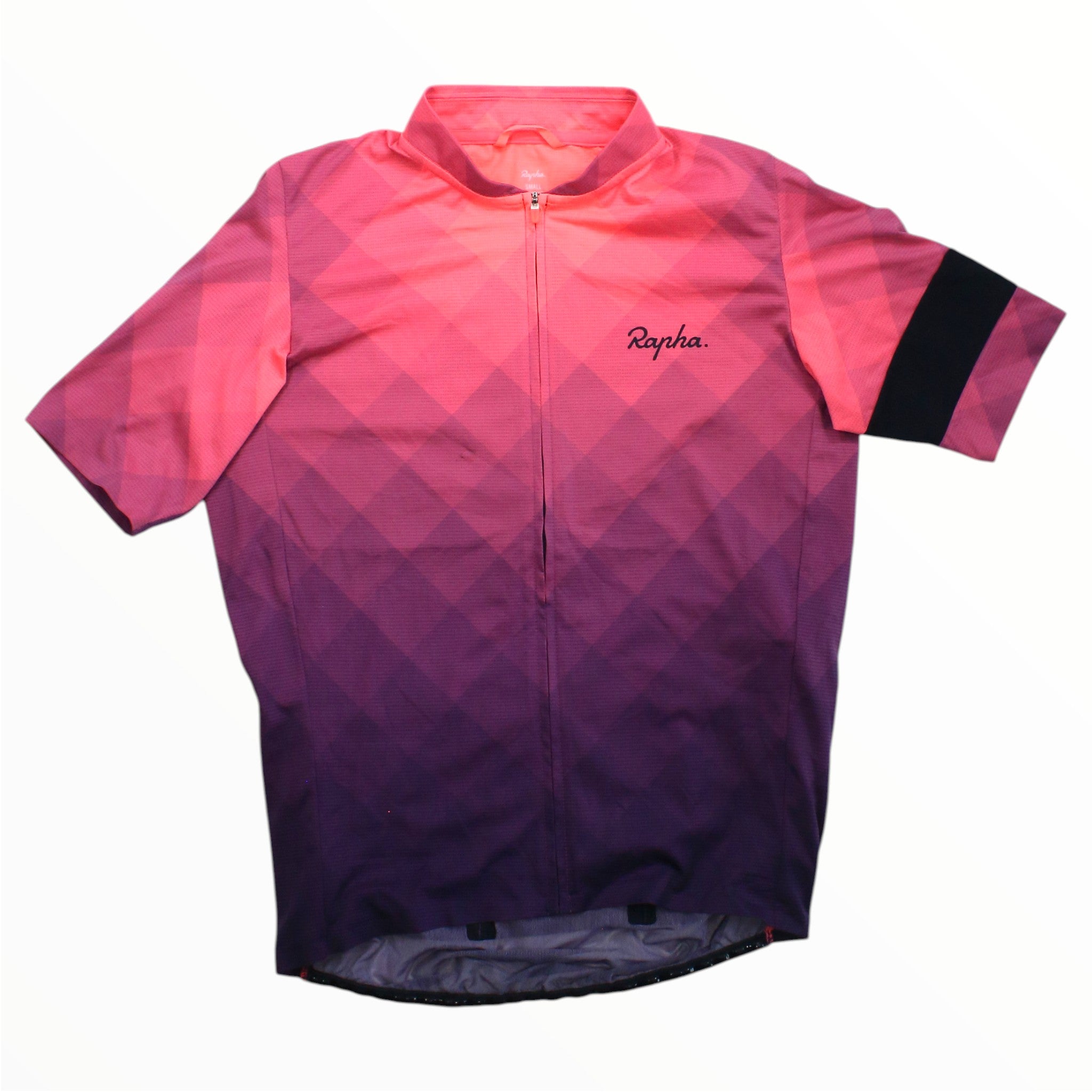 Men's Rapha flyweight cycling jersey in pink and purple check pattern, full zip front