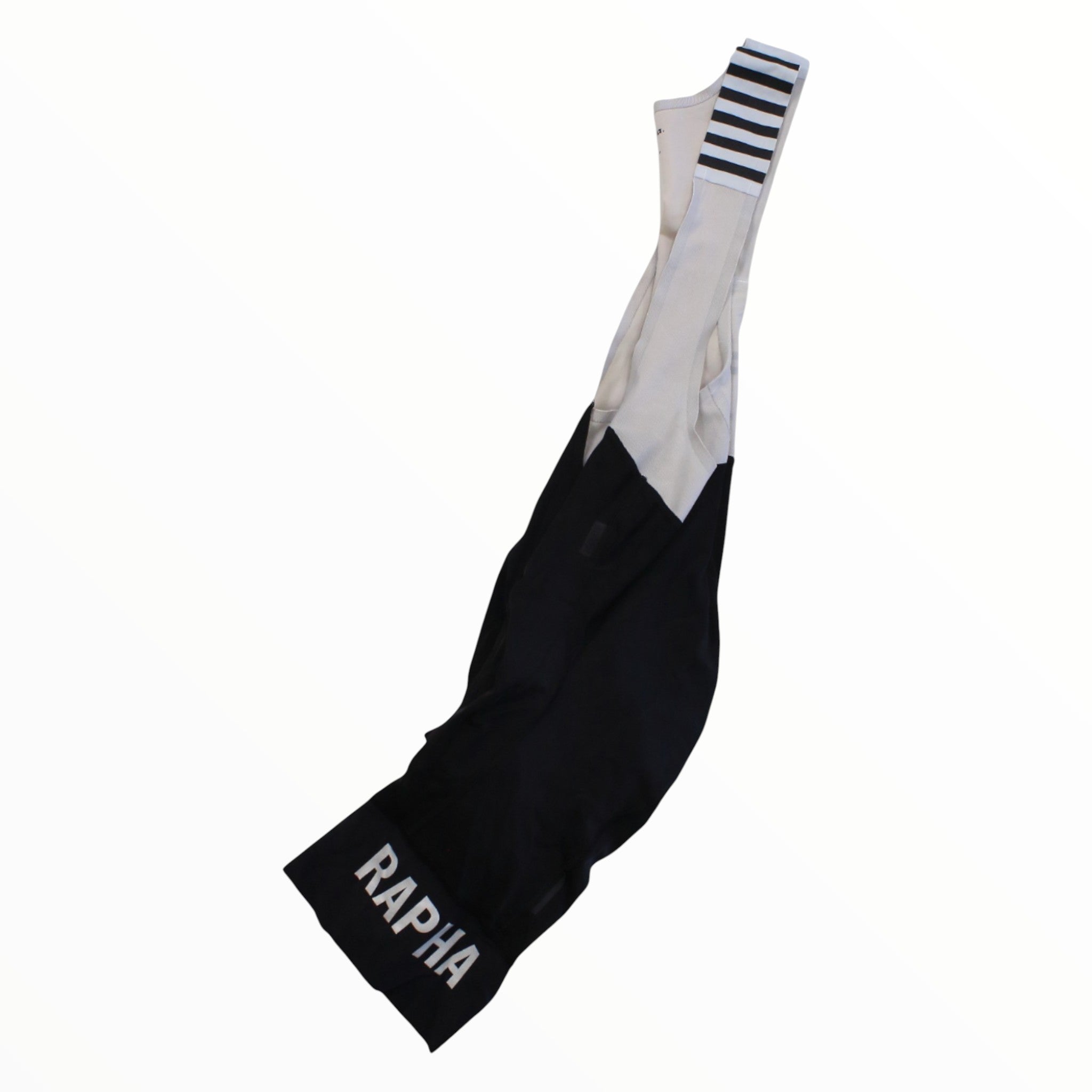 Men's cycling bib shorts, white upper with blue striped strap; black leg with Rapha logo.