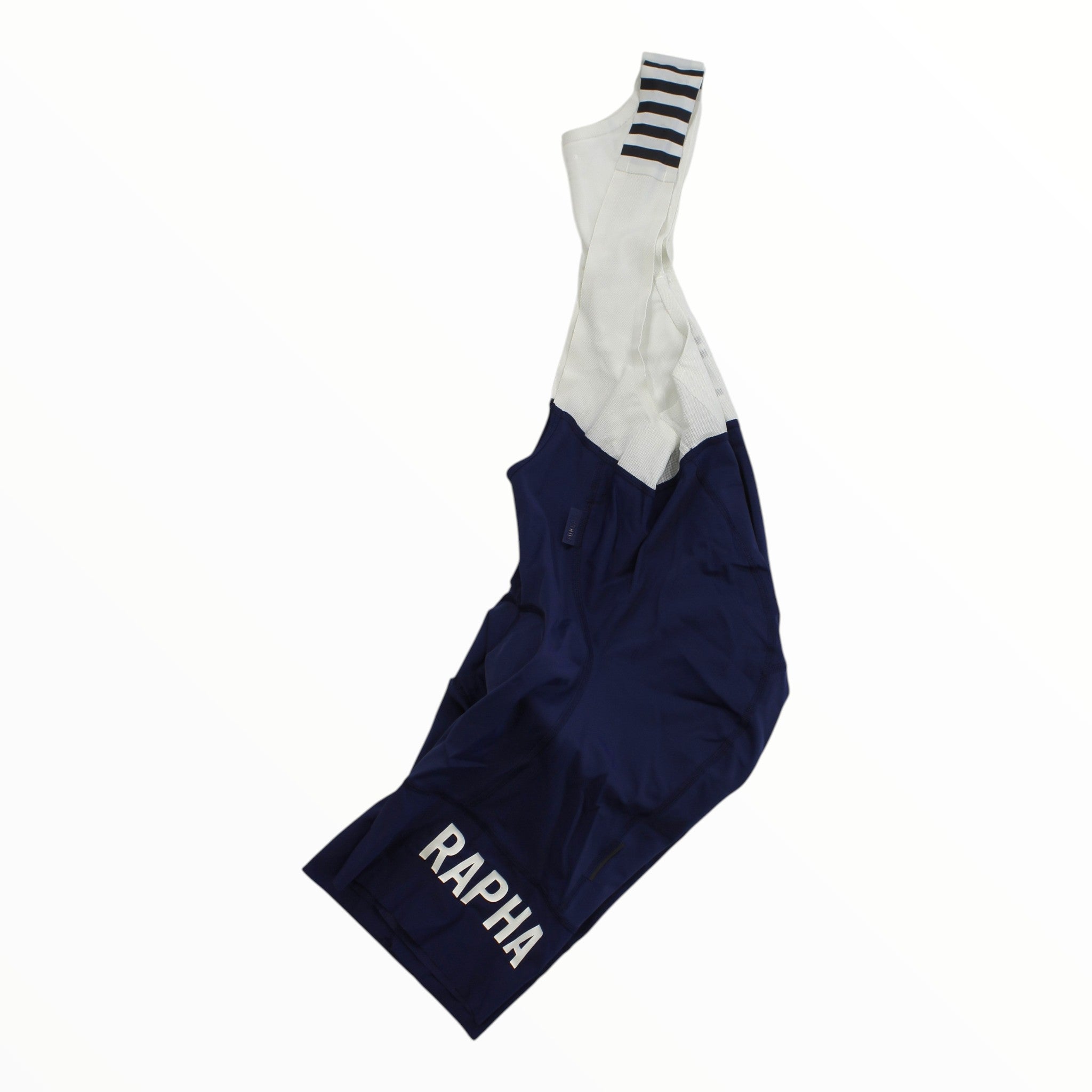 Men's Rapha bib shorts, white bib with navy legs and Rapha logo on lower leg.