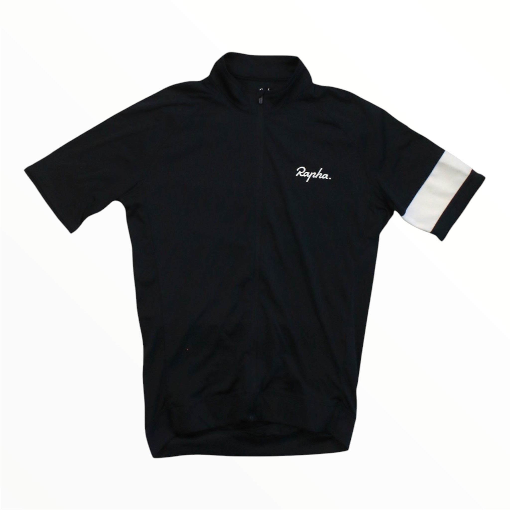 Men's cycling jersey, black, short sleeves with white cuff stripes, front zipper, stand collar