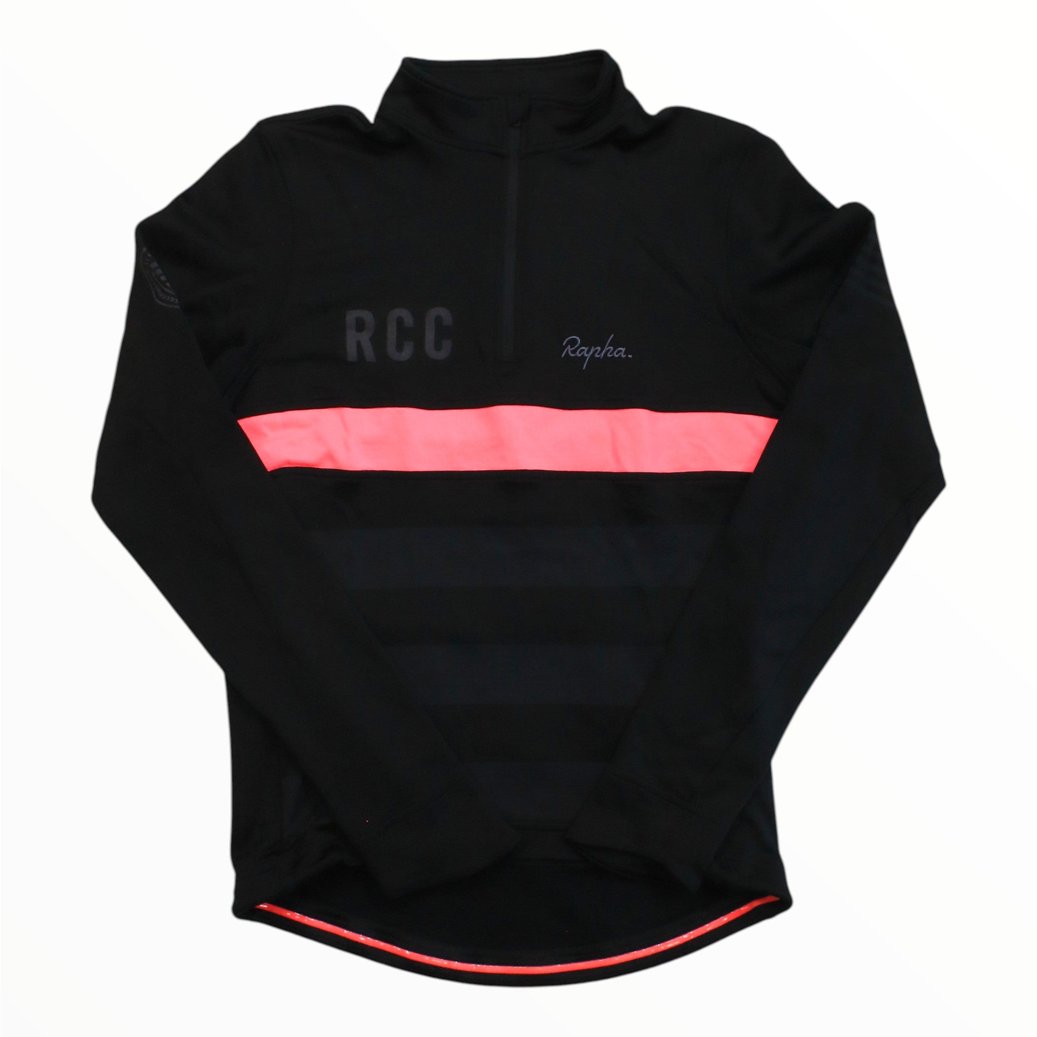 Men's long sleeve cycling jersey in black with RCC and Rapha logos, full zip, pink band.