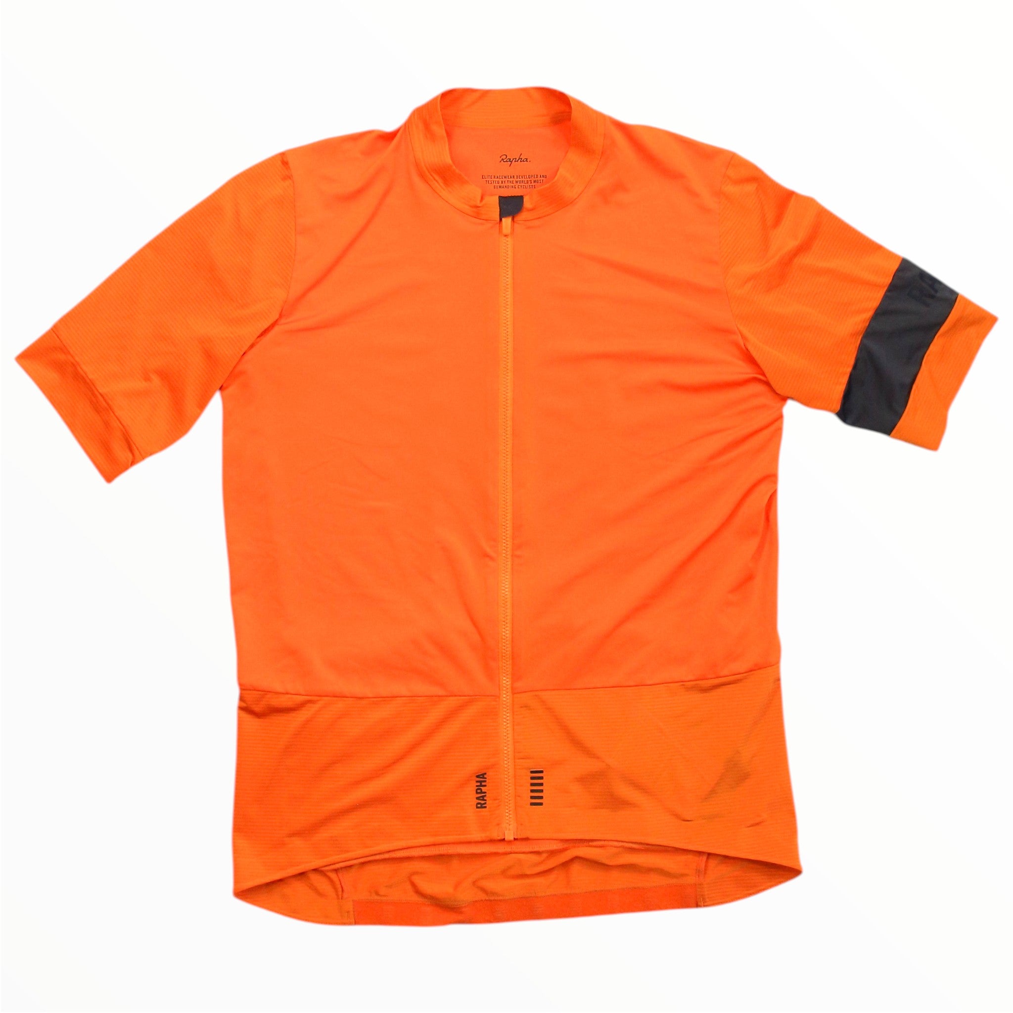 Orange cycling jersey with full front zipper and black side sleeve panels