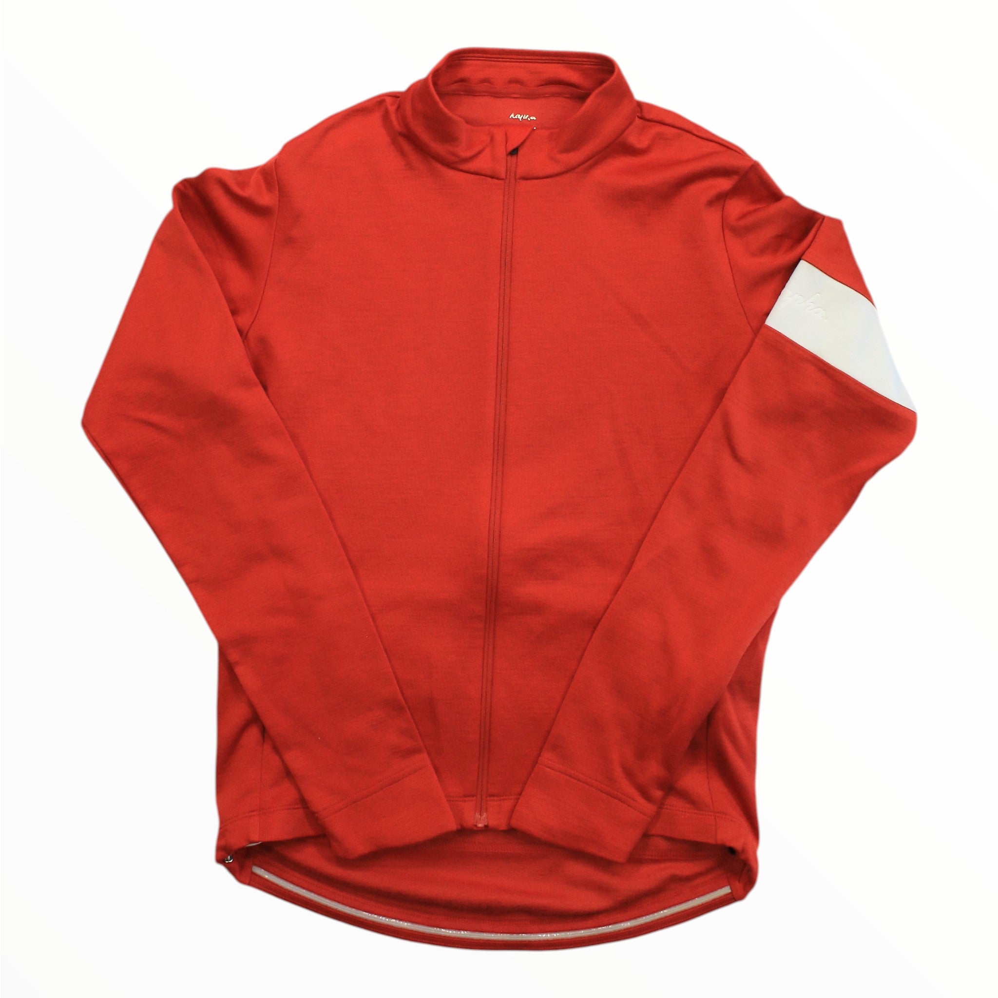 Men's long sleeve cycling jersey in red, full front zip, white stripe on right sleeve.