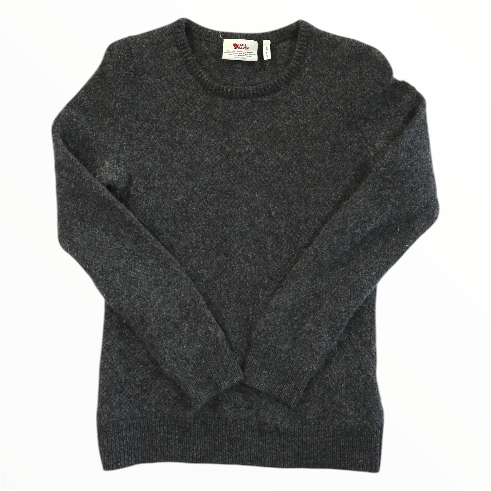 Dark gray knit crewneck sweater with ribbed cuffs and hem
