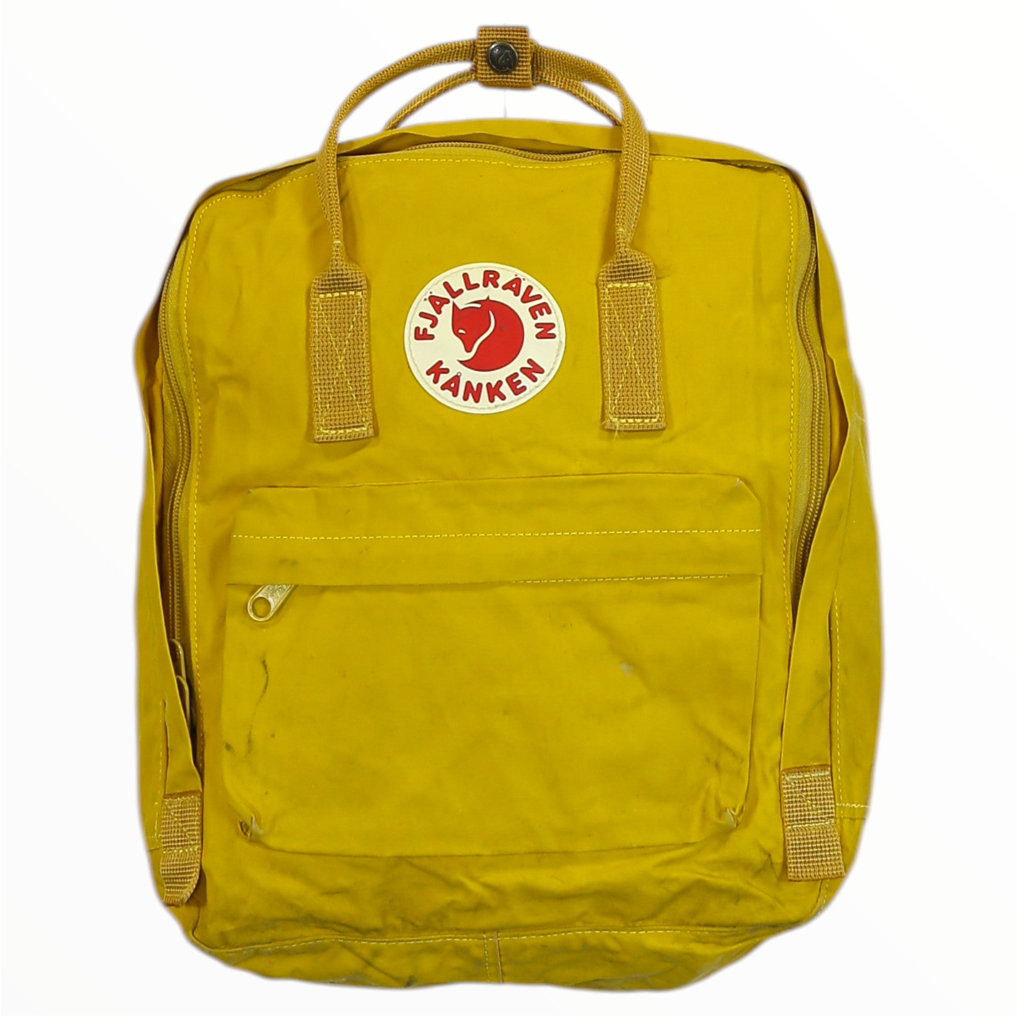 Yellow Kanken backpack with front flap pocket, zip, and adjustable webbing straps
