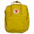 Yellow Kanken backpack with front flap pocket, zip, and adjustable webbing straps