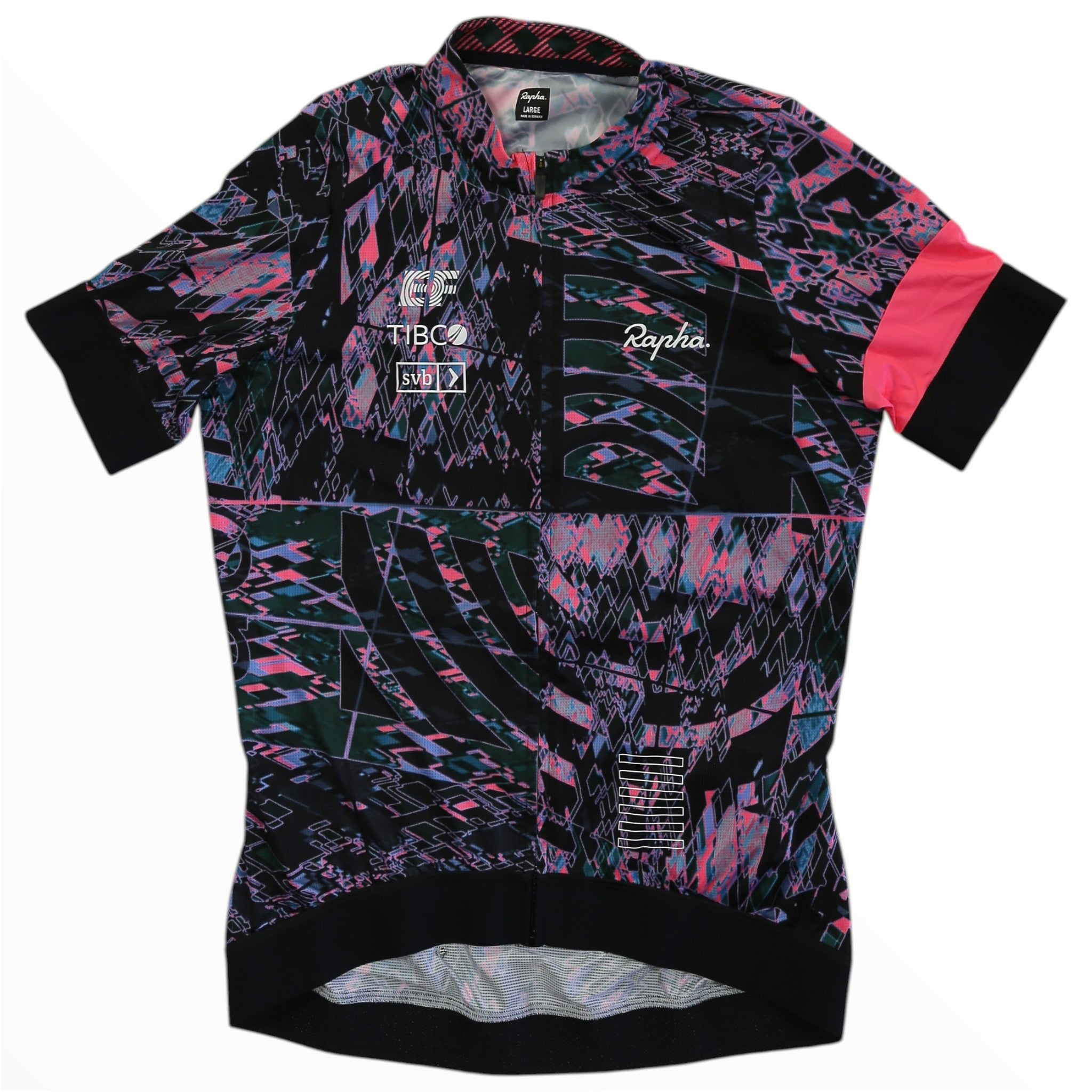 Black womens cycling jersey with pink and blue abstract print, full-zip short sleeves.