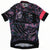 Black womens cycling jersey with pink and blue abstract print, full-zip short sleeves.