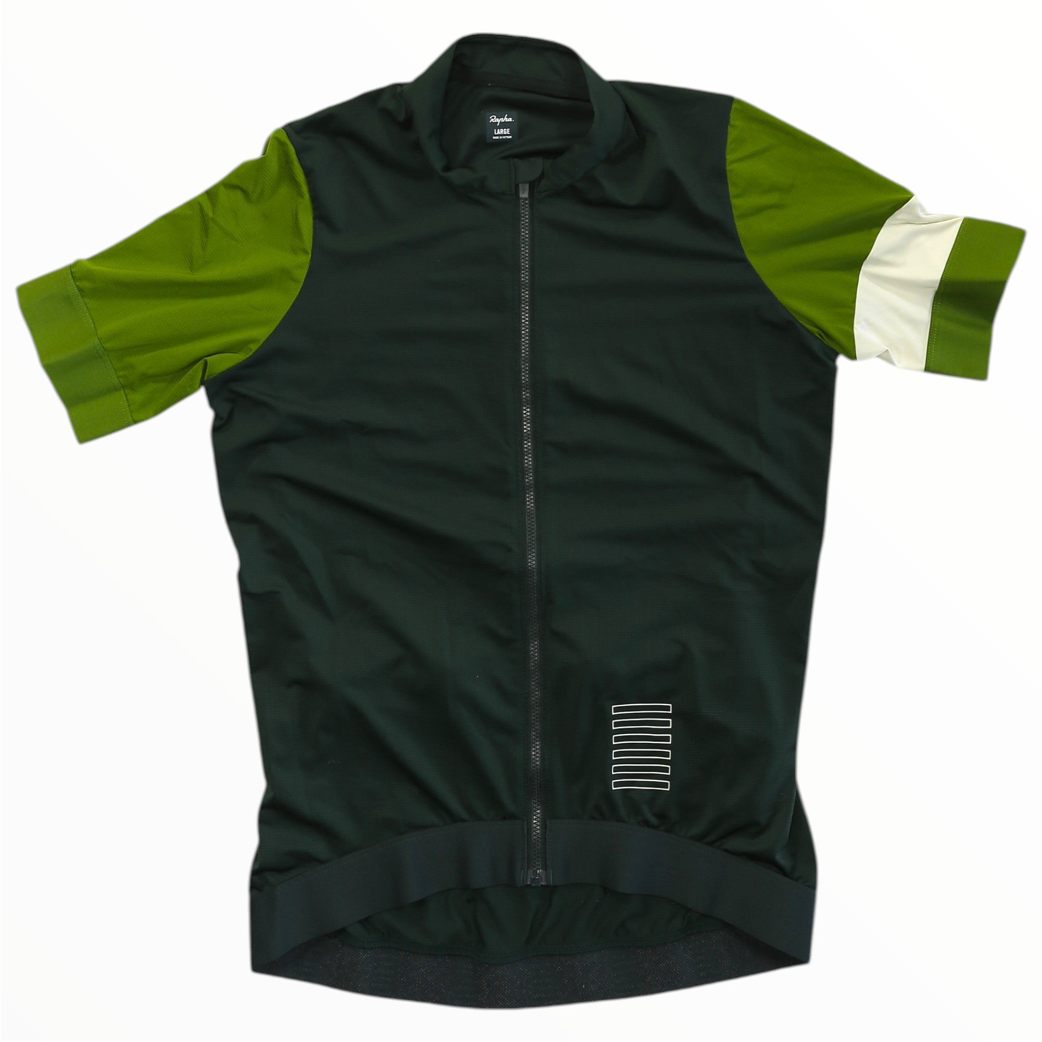 Dark green womens cycling training jersey with bright green panels, full-zip short sleeves.