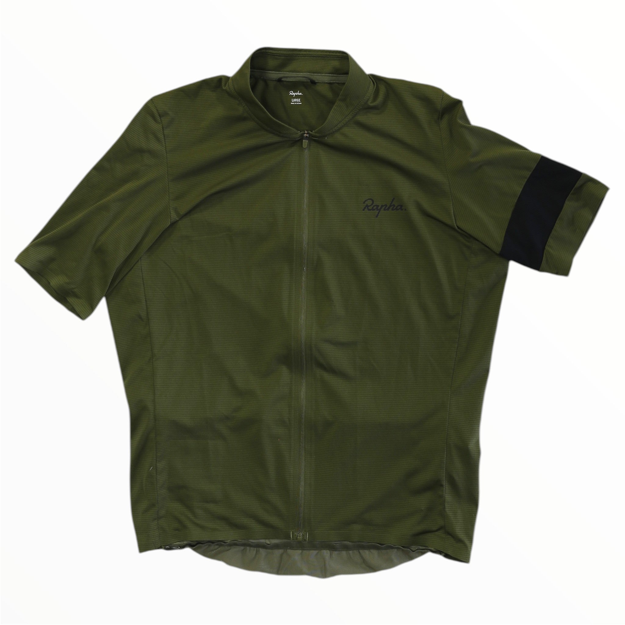 Men's Rapha flyweight cycling jersey in olive green with black accent sleeve, full zip