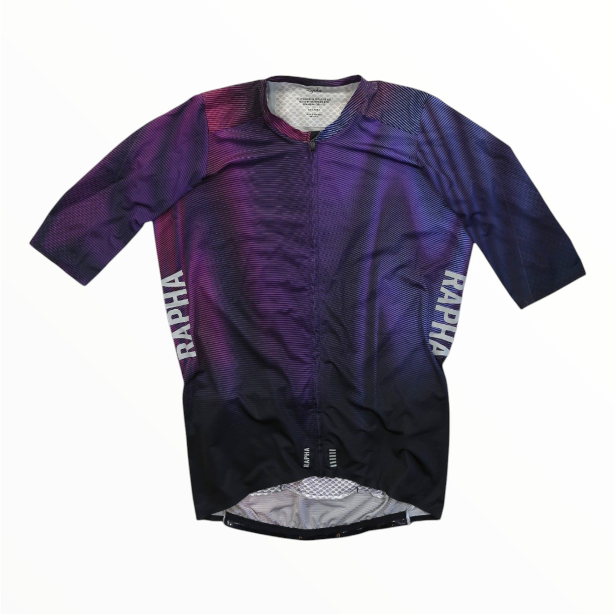 Purple and black cycling jersey with full zipper, short sleeves, Rapha logo on sides.