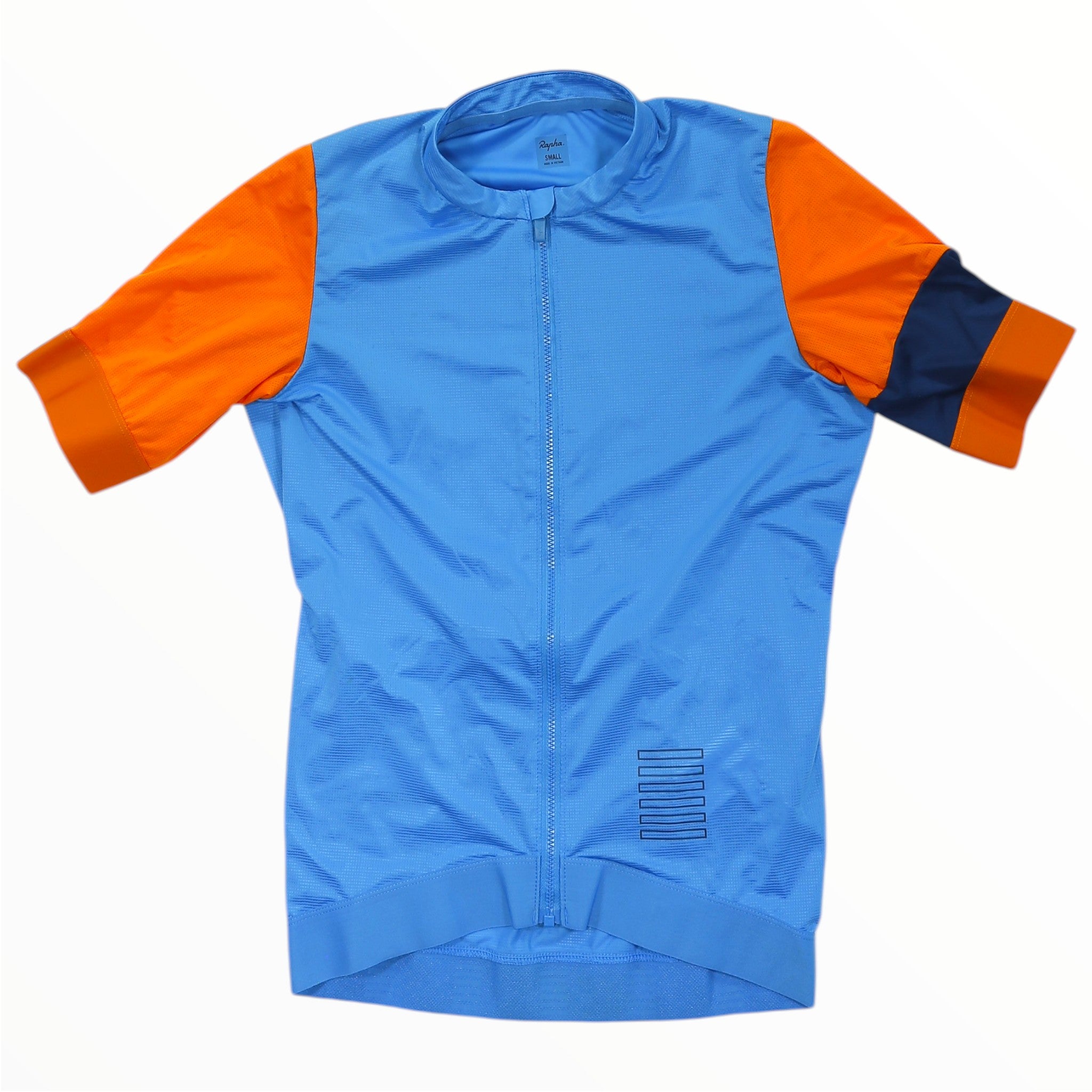Men's training jersey, blue with orange sleeves and dark stripe accents, full-zip front