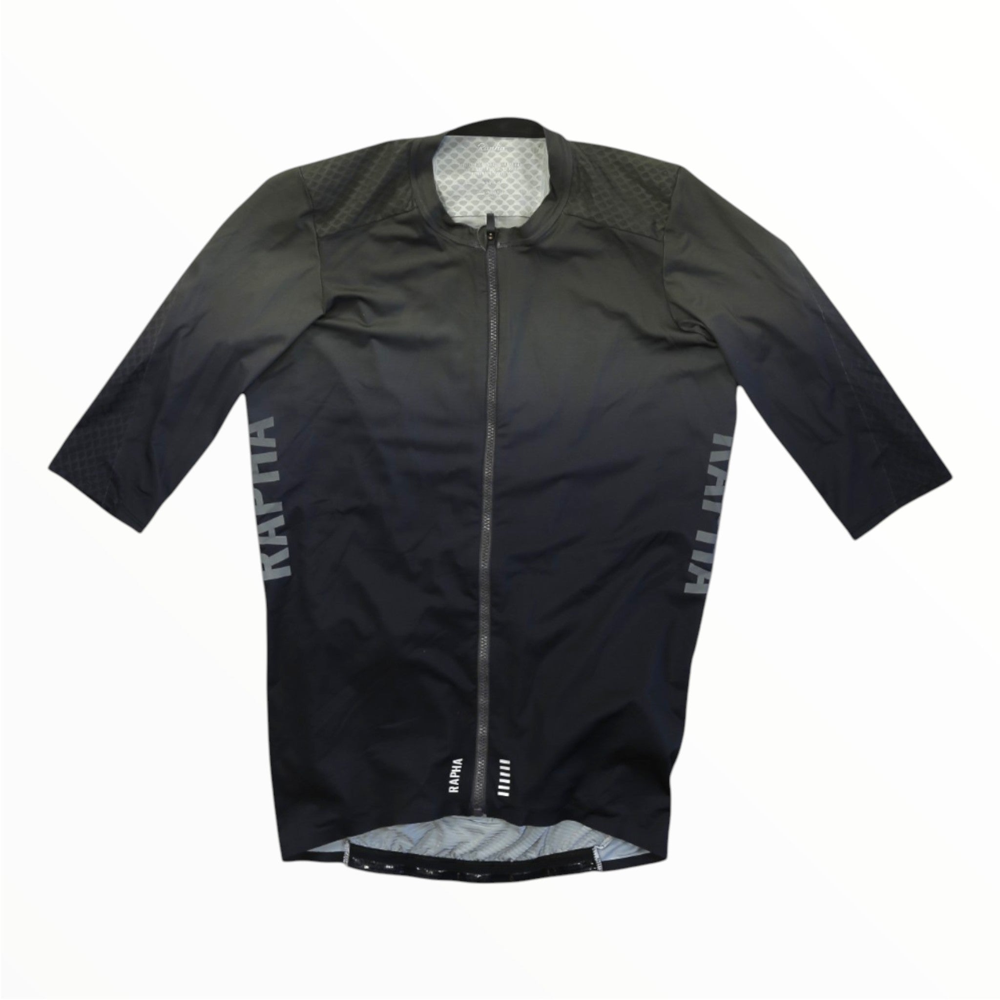 Dark cycling jersey with full zipper, short sleeves, Rapha logo on sleeves.