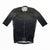 Dark cycling jersey with full zipper, short sleeves, Rapha logo on sleeves.