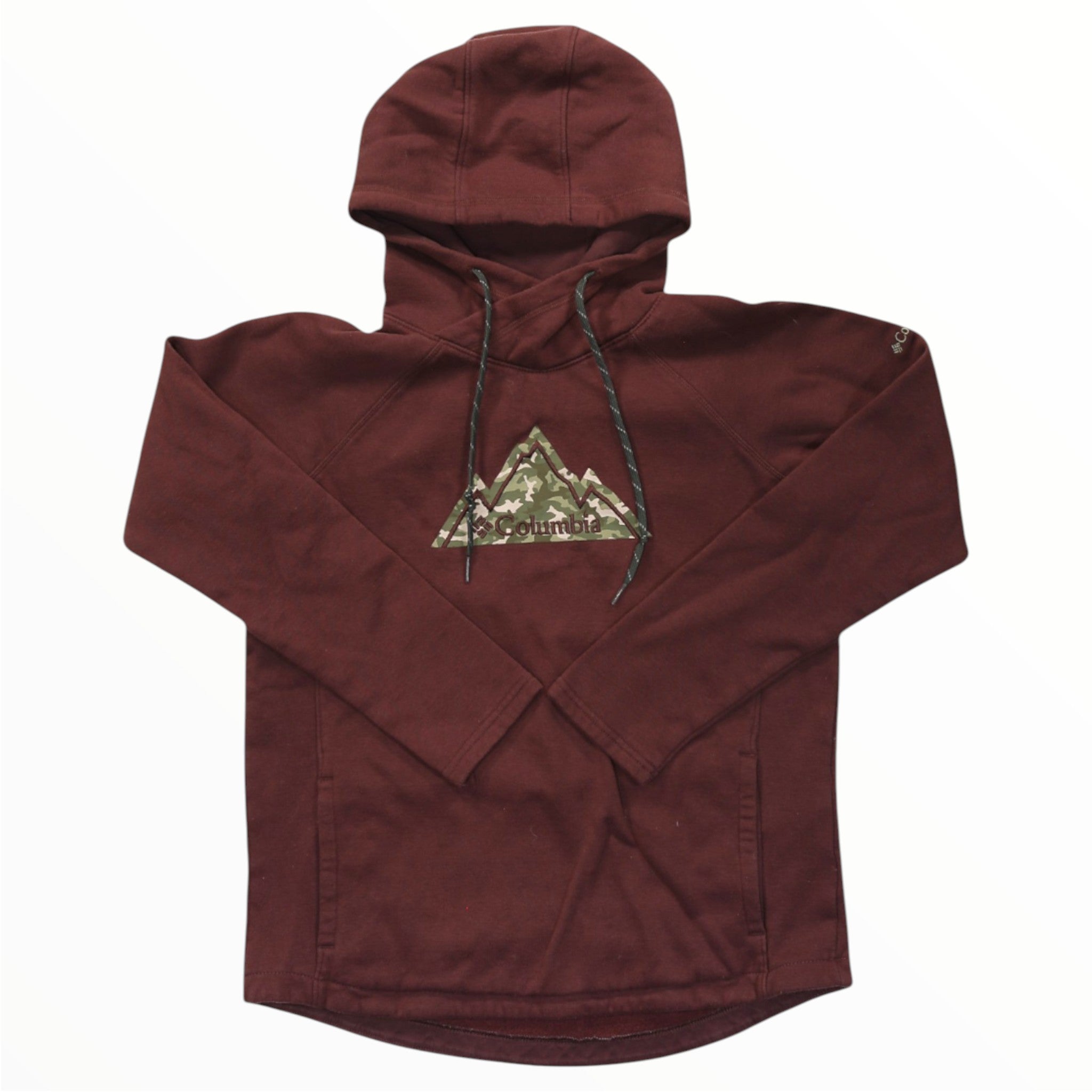 Dark red graphic hoodie with hood, drawstring, front pouch, and chest emblem