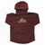 Dark red graphic hoodie with hood, drawstring, front pouch, and chest emblem