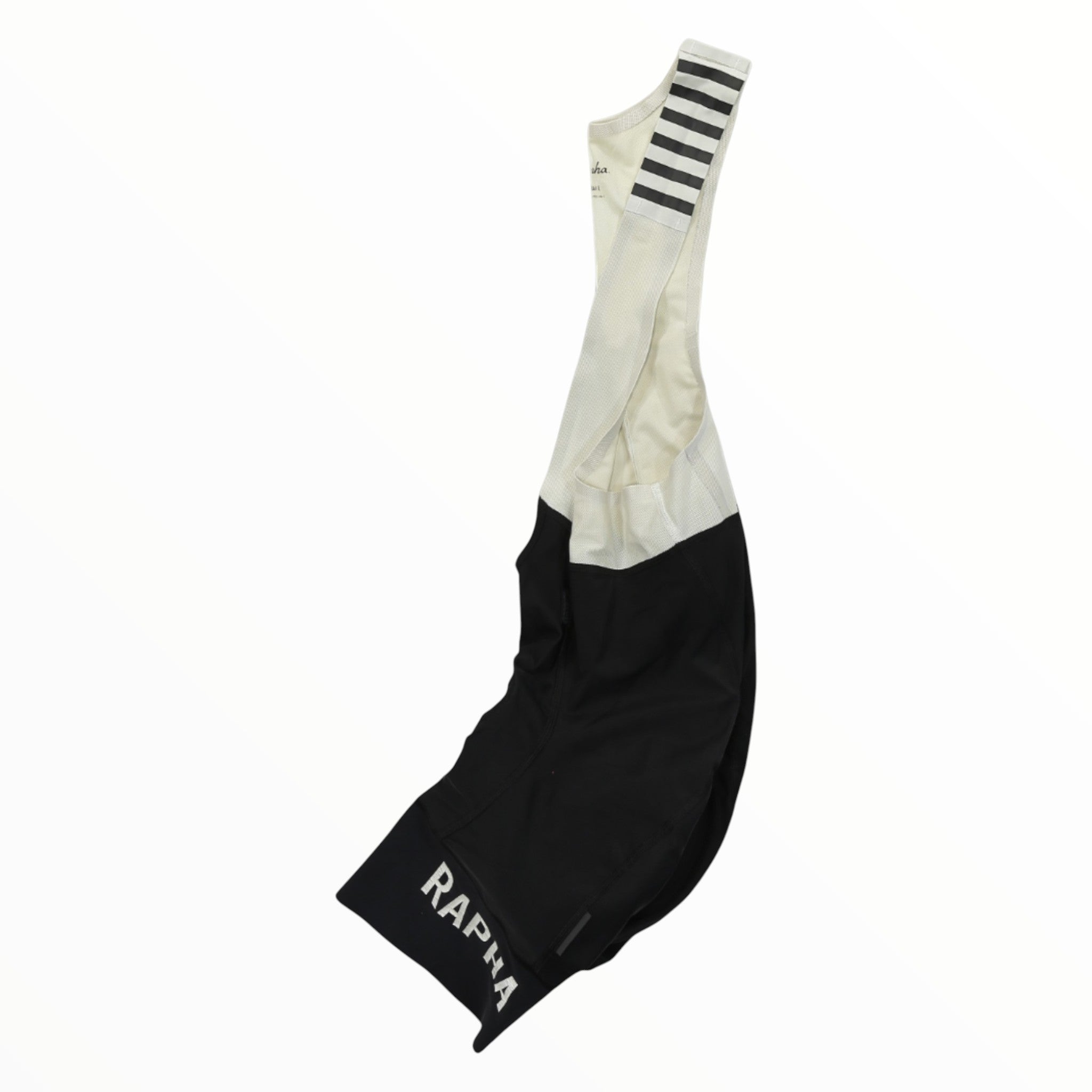Men’s Rapha pro team cycling bib shorts, off-white upper and black lower, black stripe shoulder