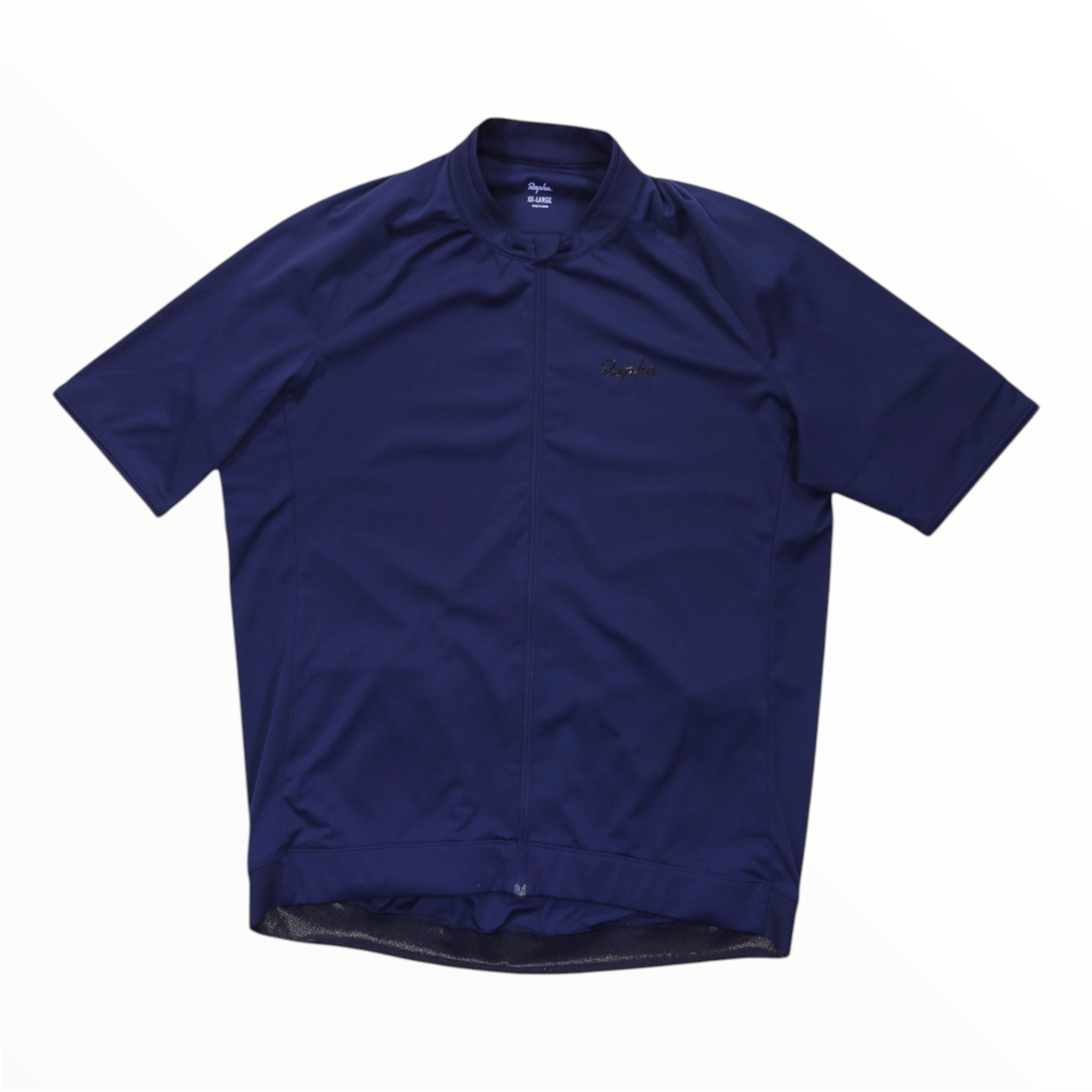 A Rapha Mens Core Jersey in navy blue with short sleeves, featuring a front zipper and a subtle chest logo, is laid flat on a white background—an essential cycling jersey from Rapha.