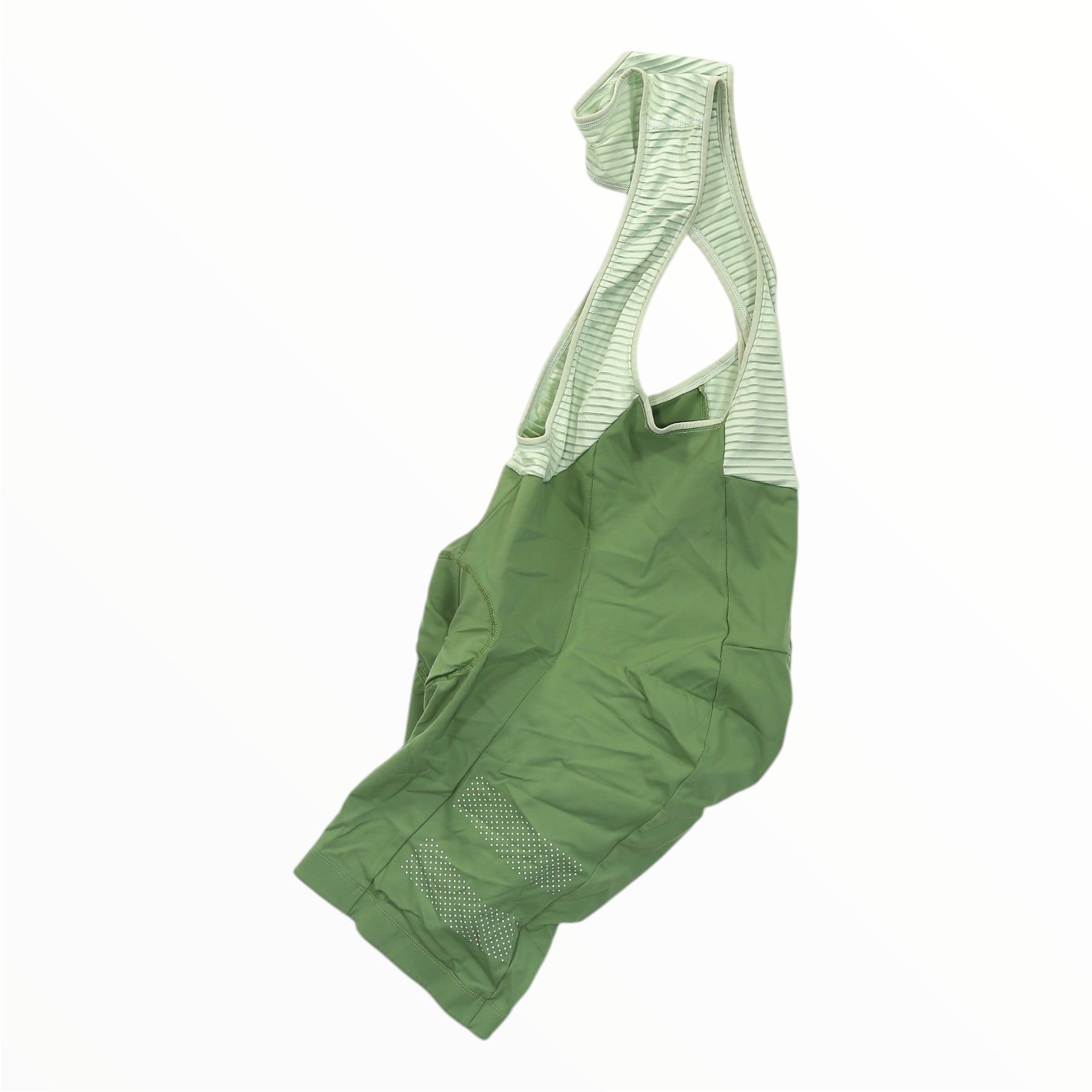 Green cycling bib shorts with wide shoulder straps and perforated back panel detail