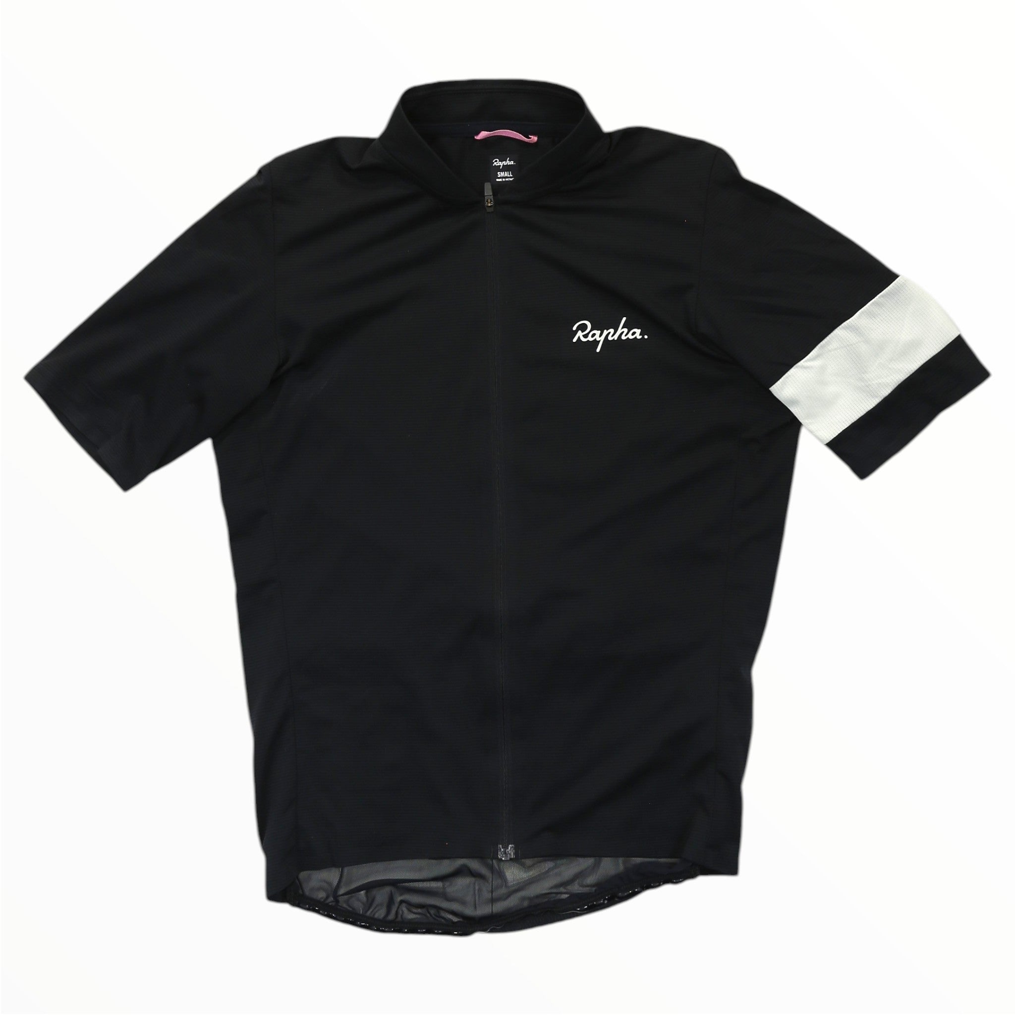 Men's Rapha flyweight cycling jersey in black with white accent sleeve, full zip
